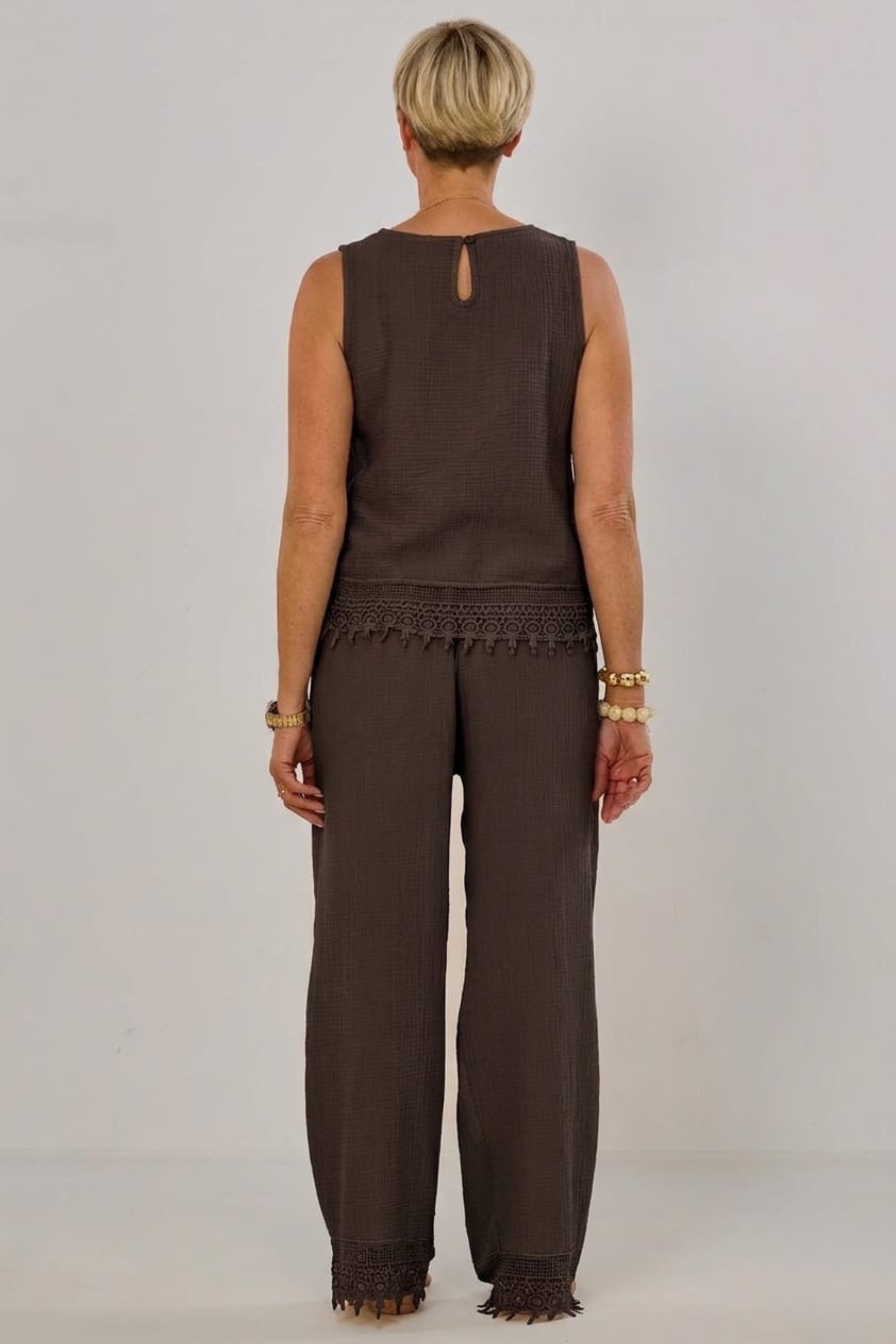 2-tlg. Musselin-Set aus Bluse und Hose, braun