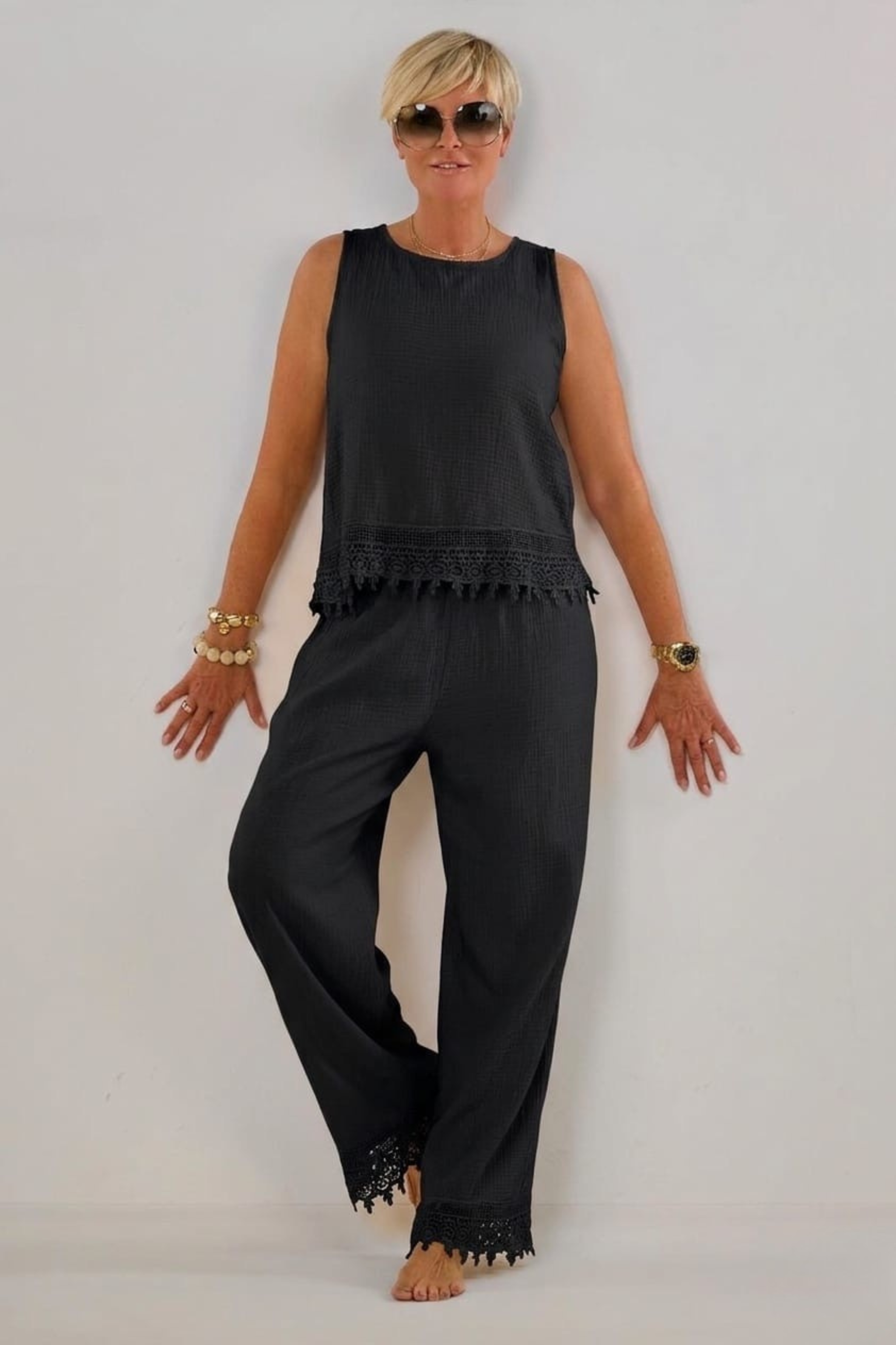 2-tlg. Musselin-Set aus Bluse und Hose, schwarz