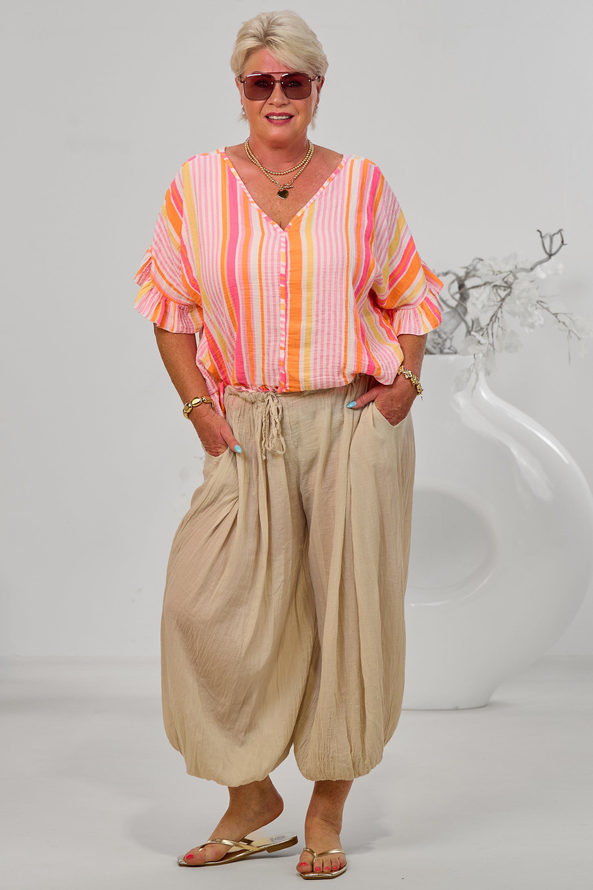 gestreifte Musselin Bluse, orange-rosa