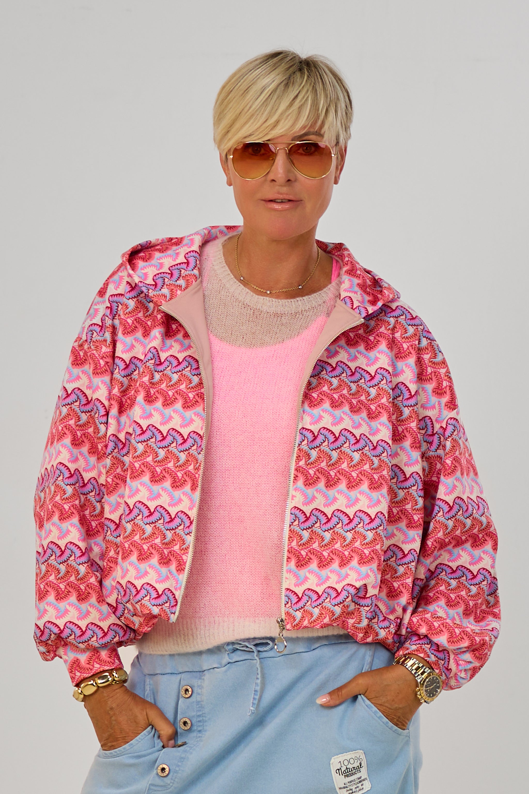 Blouson mit Kapuze im Balloon-Style, rosa gemustert