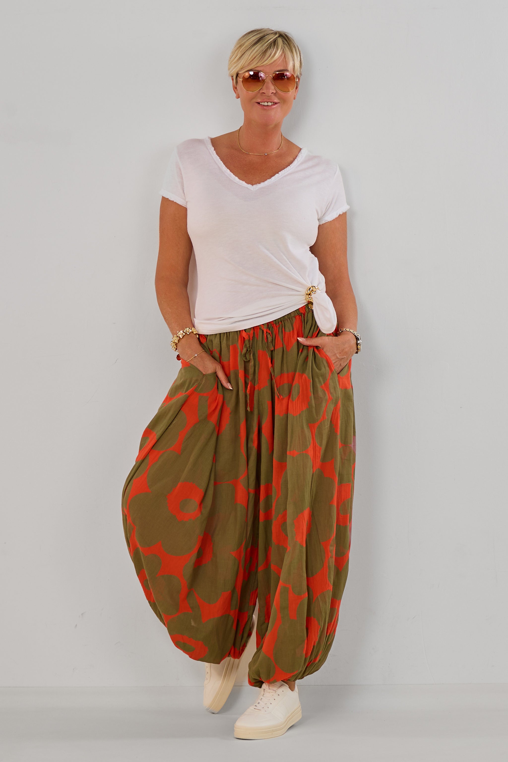 Gemusterte Haremshose mit Kordelzug, khaki-orange