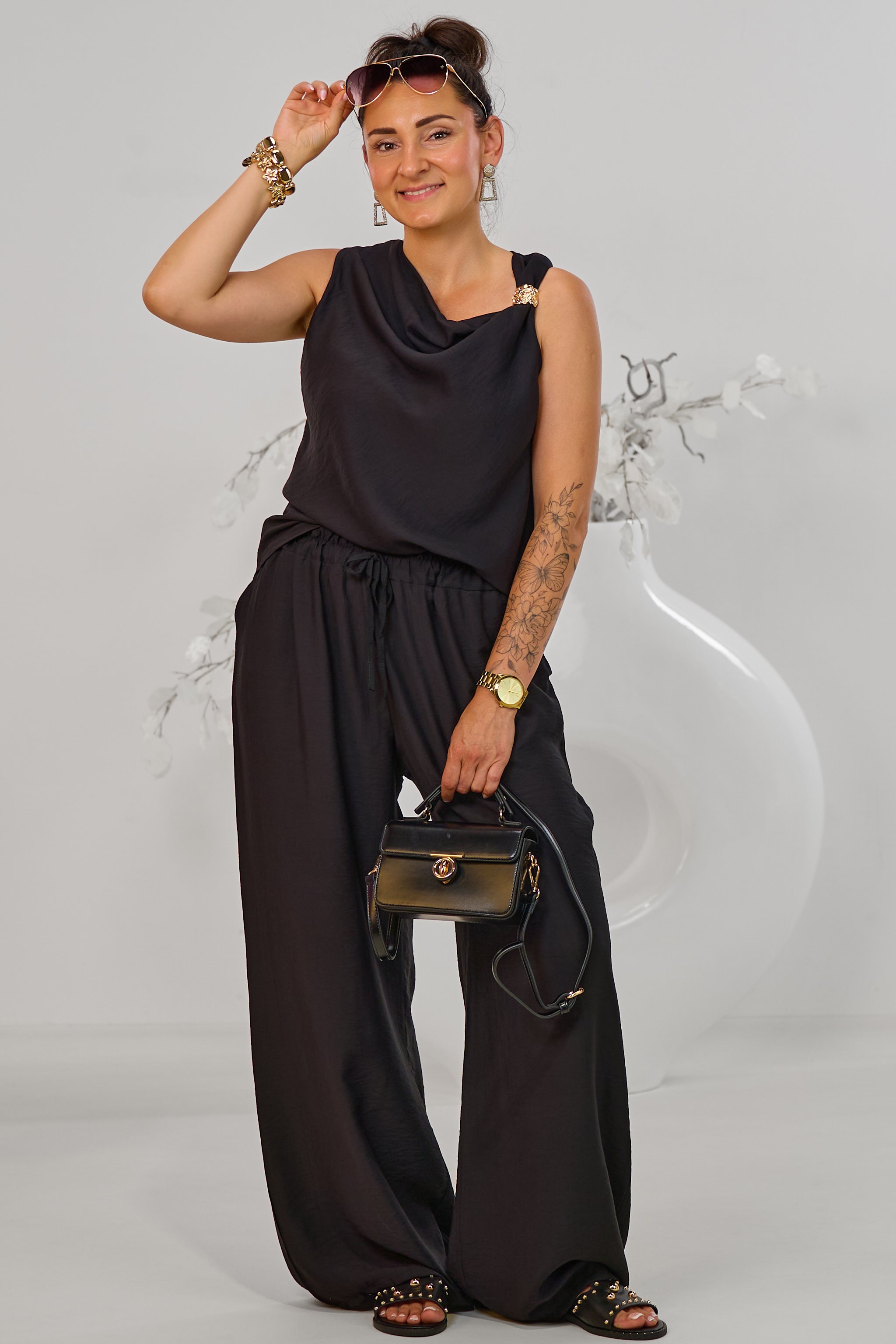 gecrinkeltes 2-tlg. Set aus Top und Hose, schwarz