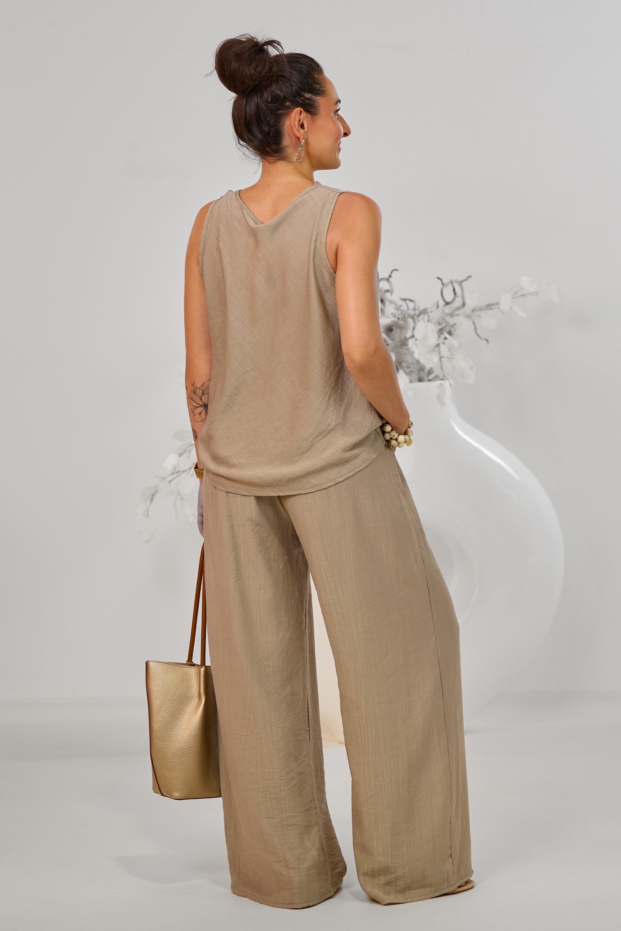 gecrinkeltes 2-tlg. Set aus Top und Hose, stein