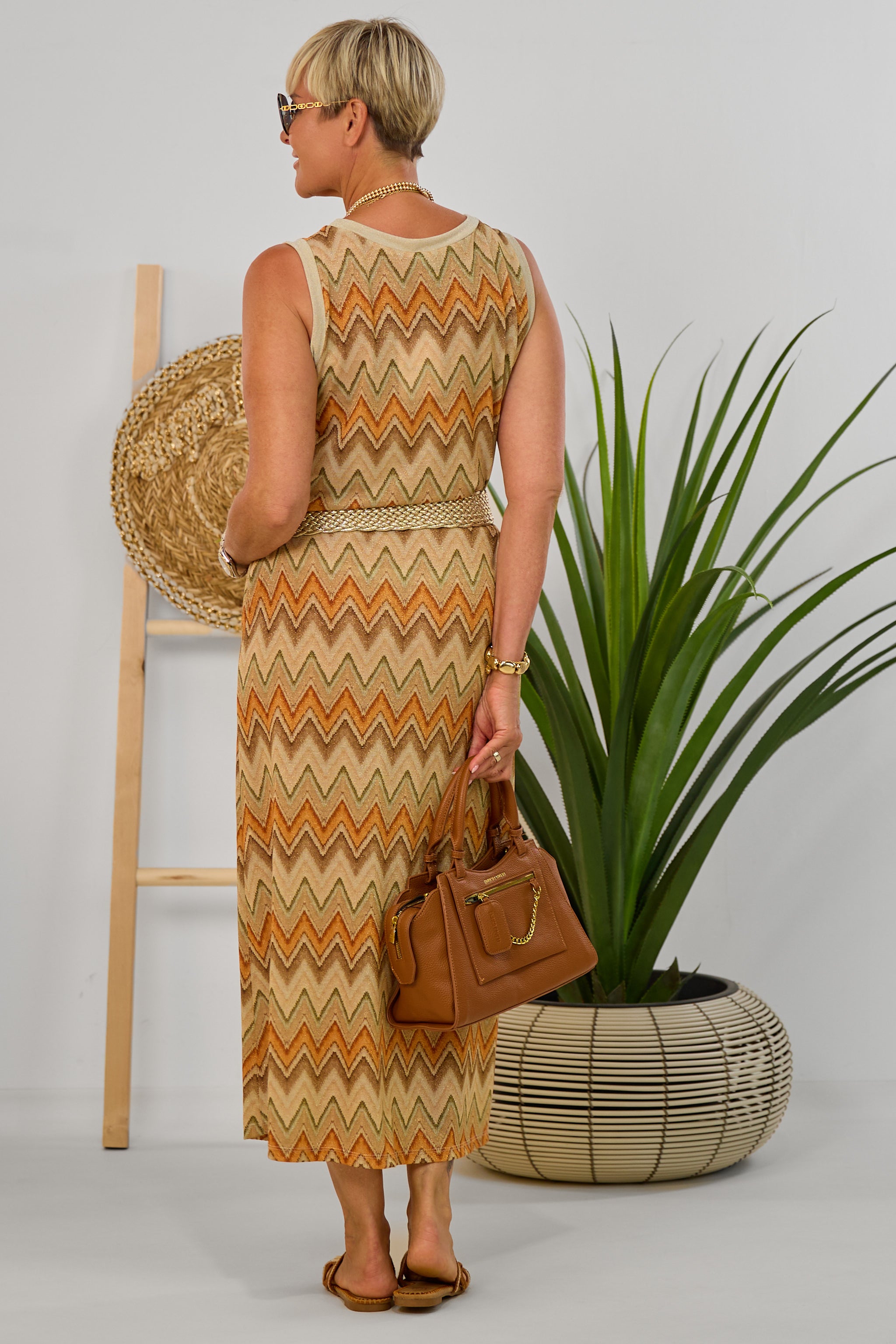 Maxikleid mit Zickzack-Muster, braun-orange-gold