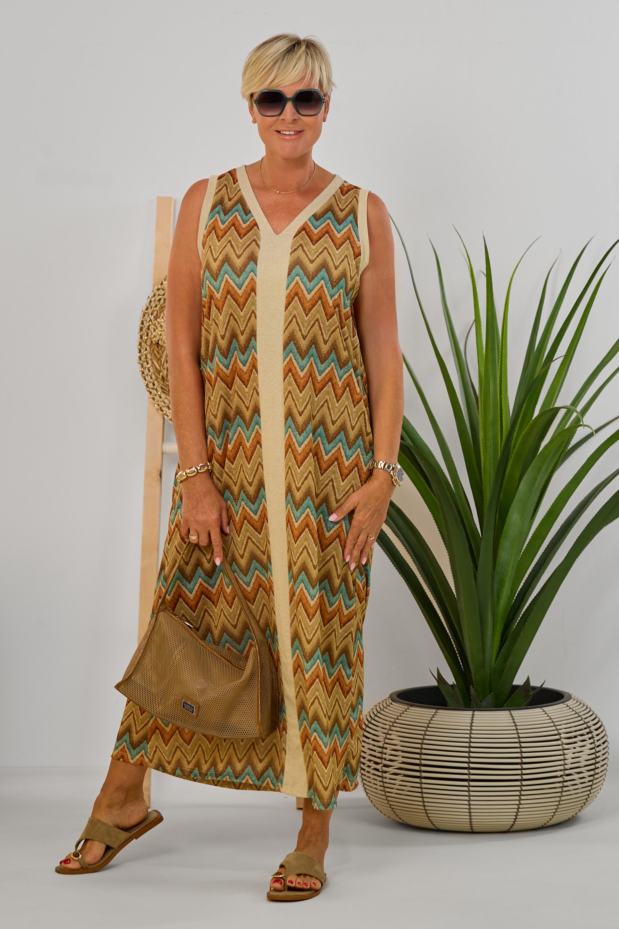 Maxikleid mit Zickzack-Muster, petrol-rost-gold