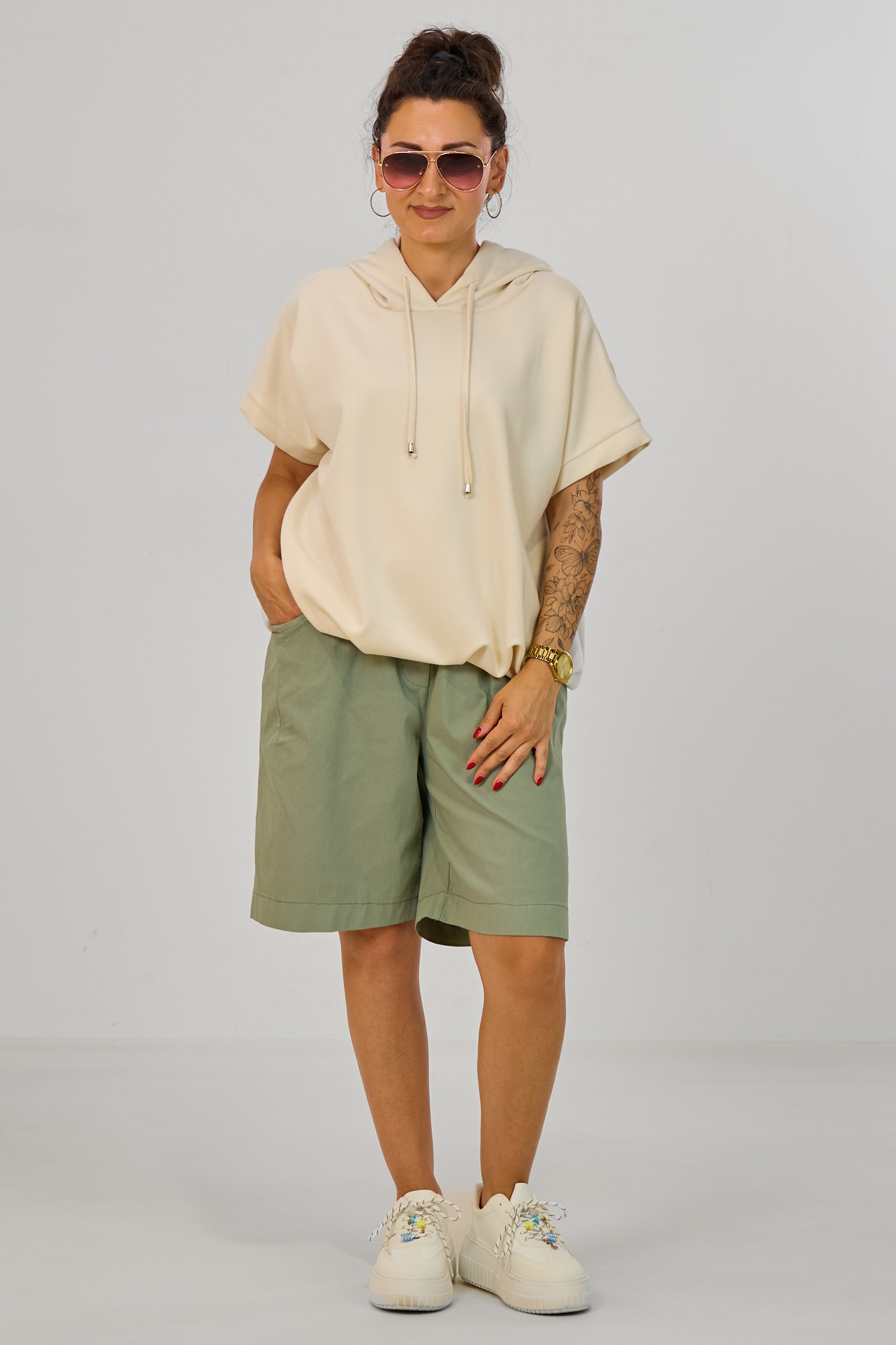 Cozy kurzarm Hoodie im Balloon-Style, beige