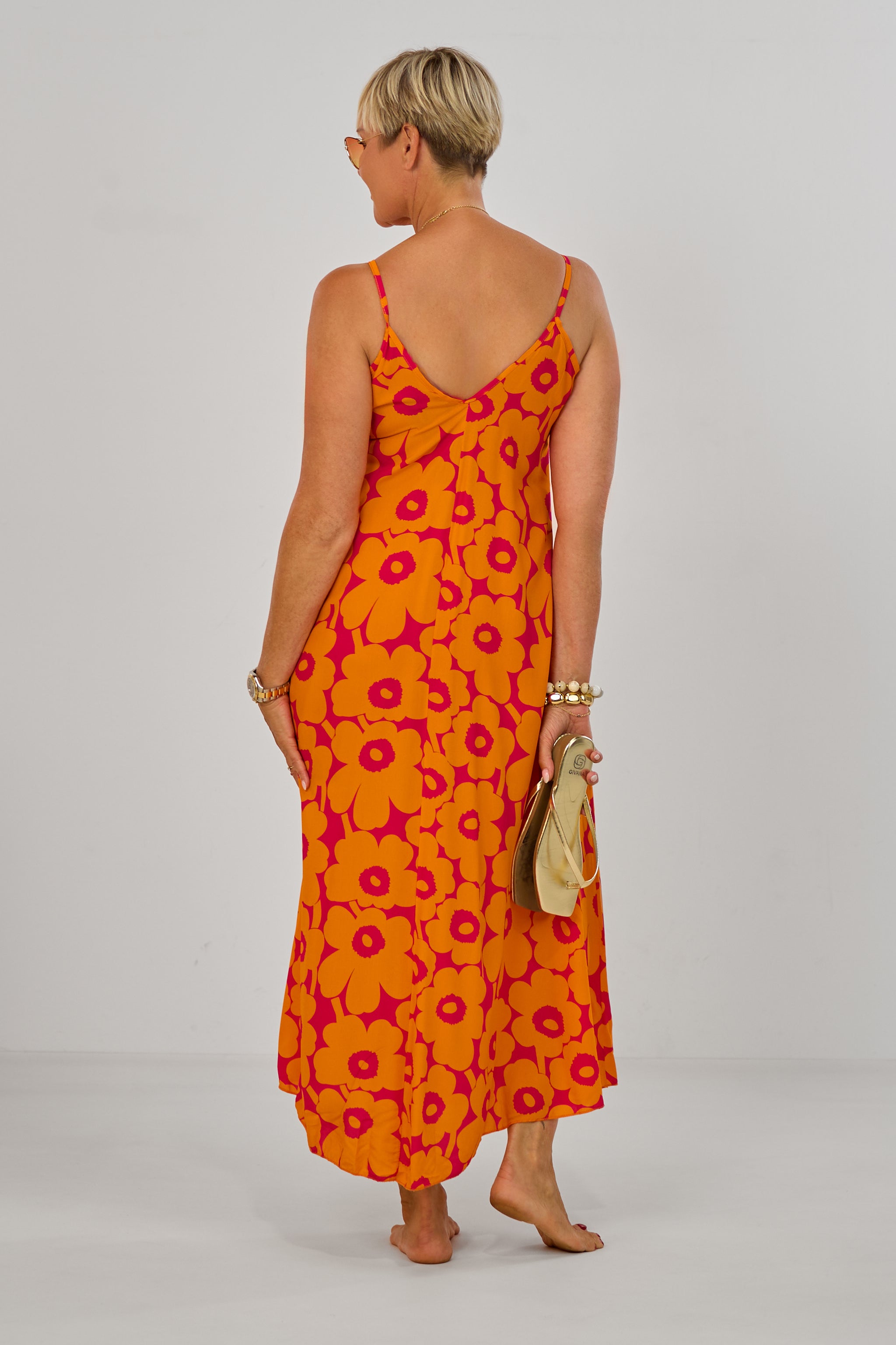 Geblümtes Maxikleid mit Spaghettiträgern, orange-pink