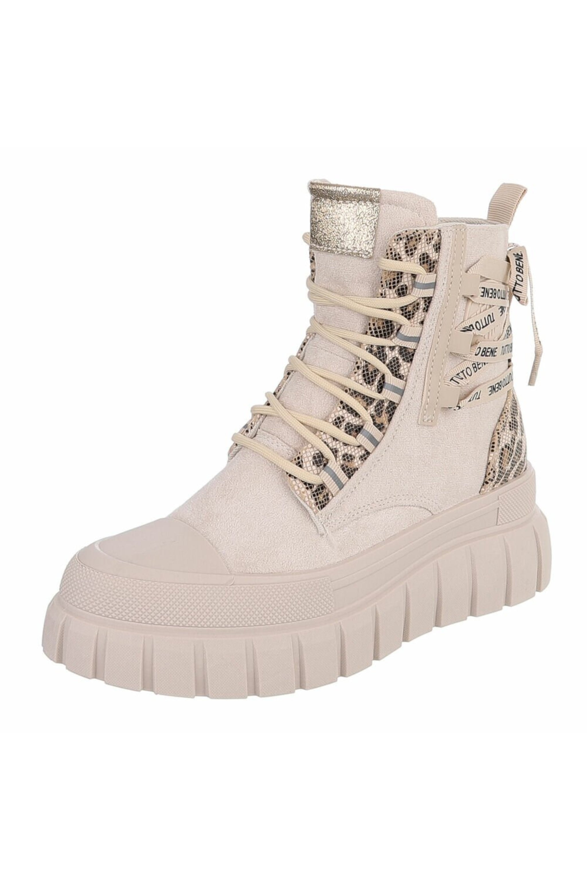Schnürstiefelette, beige-leo-gold
