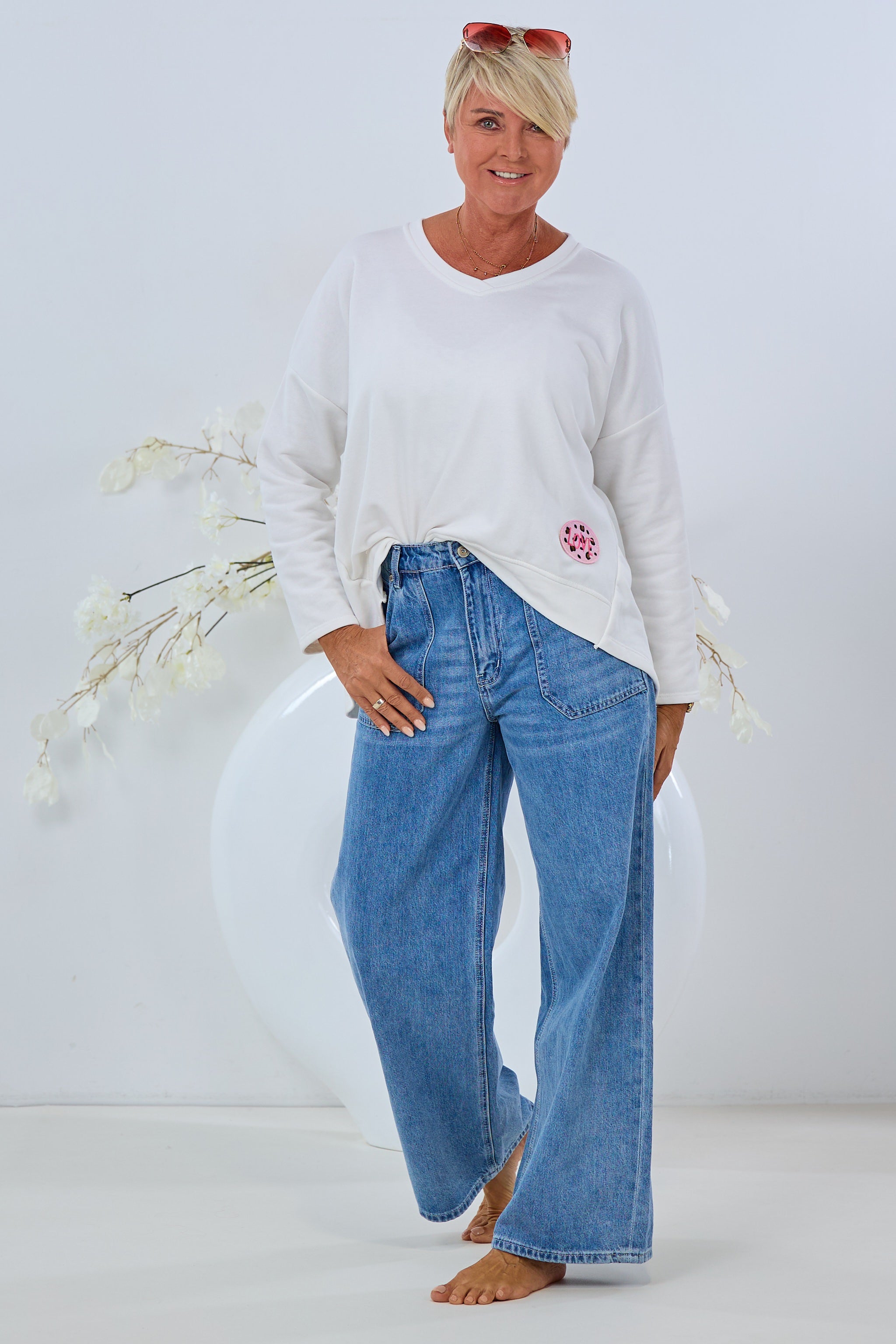 High Waist Jeans with patch pockets, blue