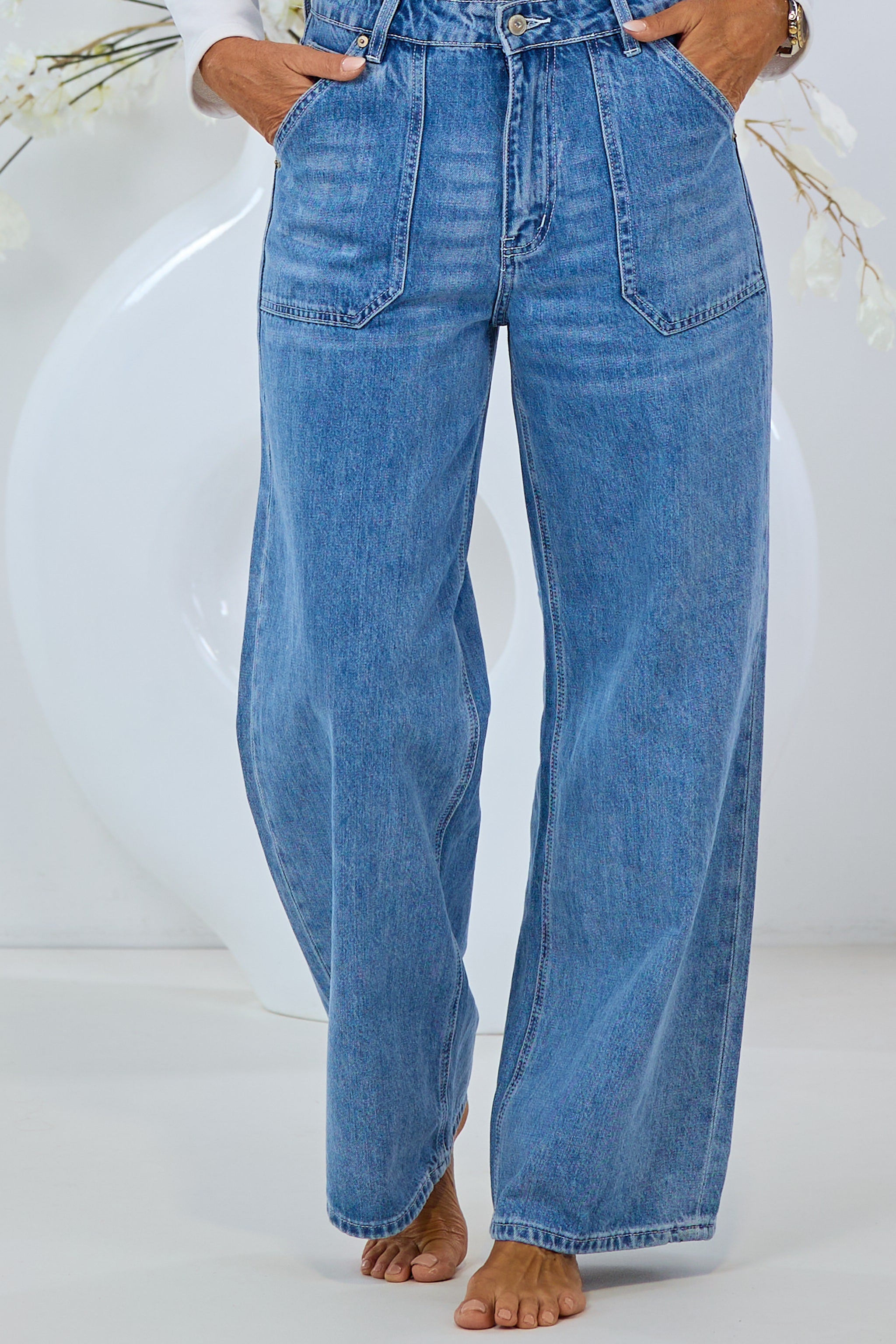 High Waist Jeans with patch pockets, blue
