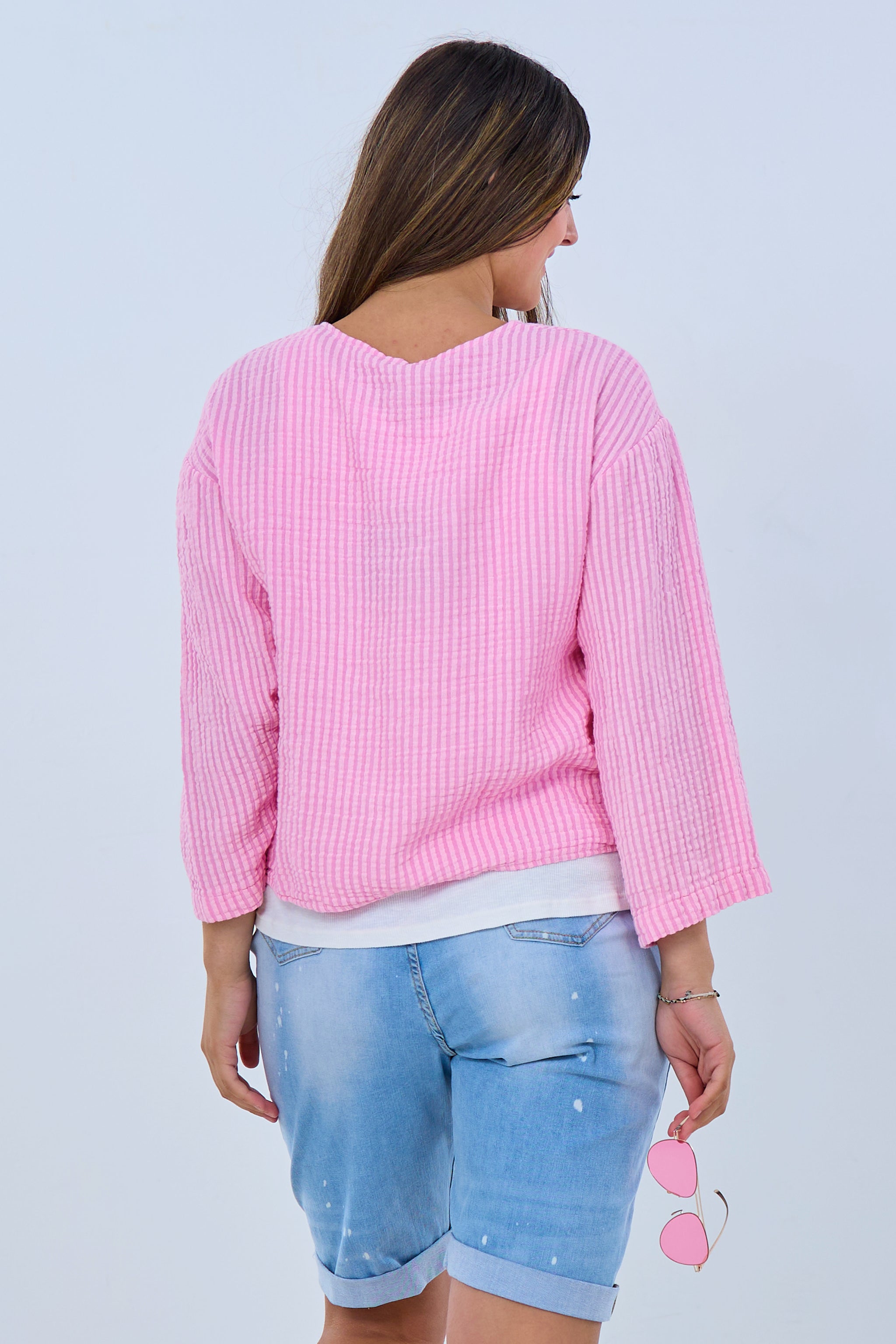Musselin Bluse mit Schnürung, rosa-gestreift