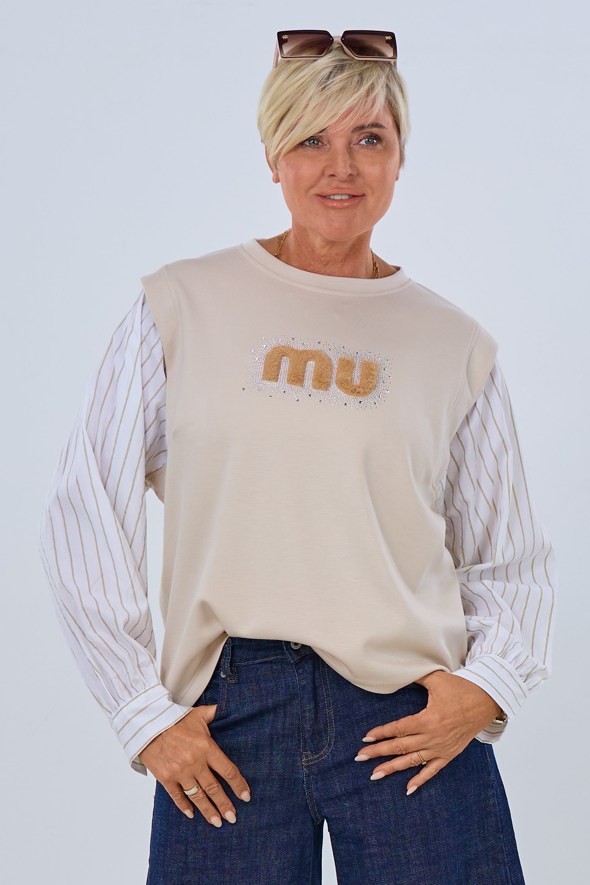 Shirt with blouse sleeves, beige-ecru