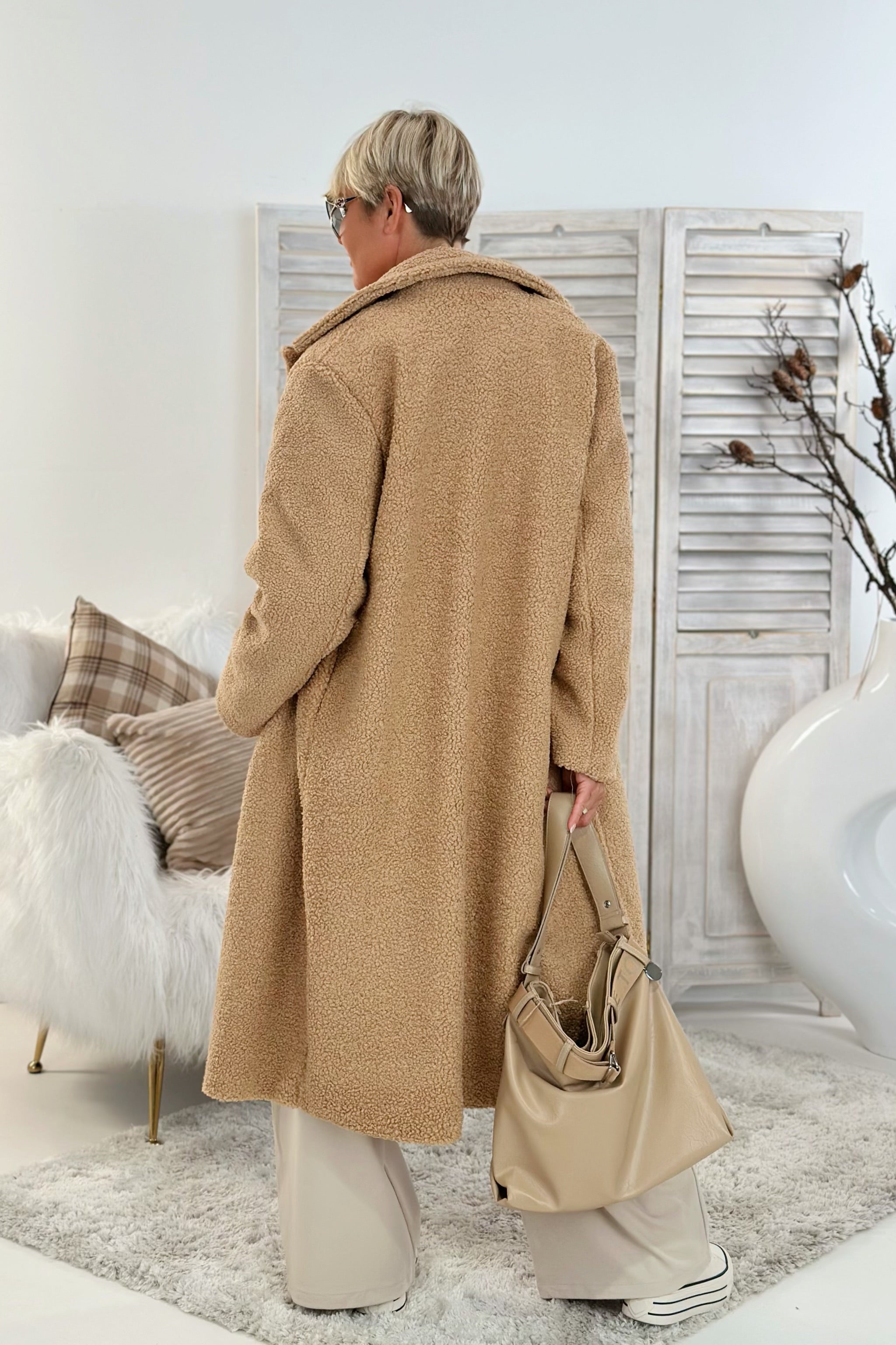 langer Teddymantel mit Revers, camel