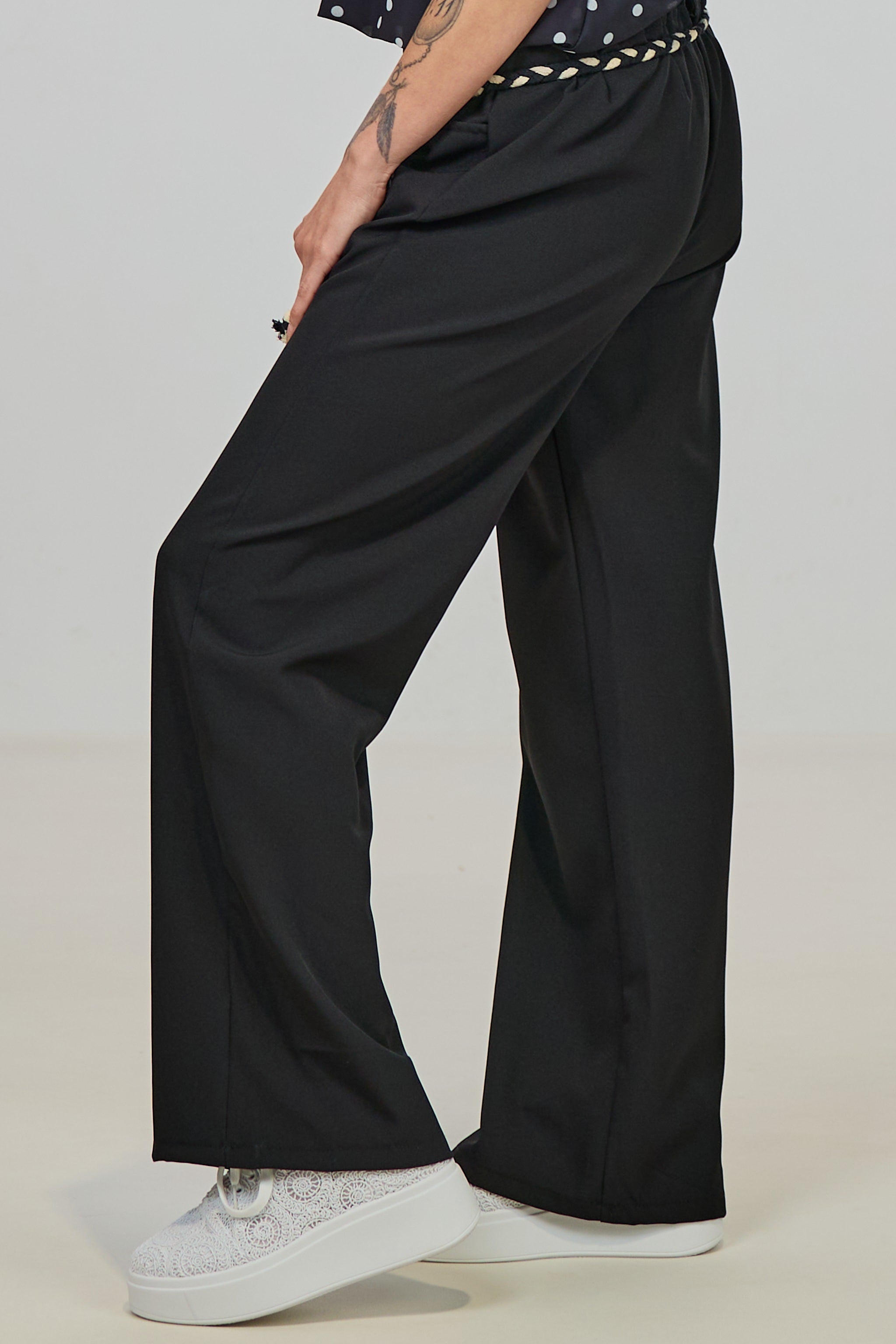 Fine pants with braided tie belt, black-cream