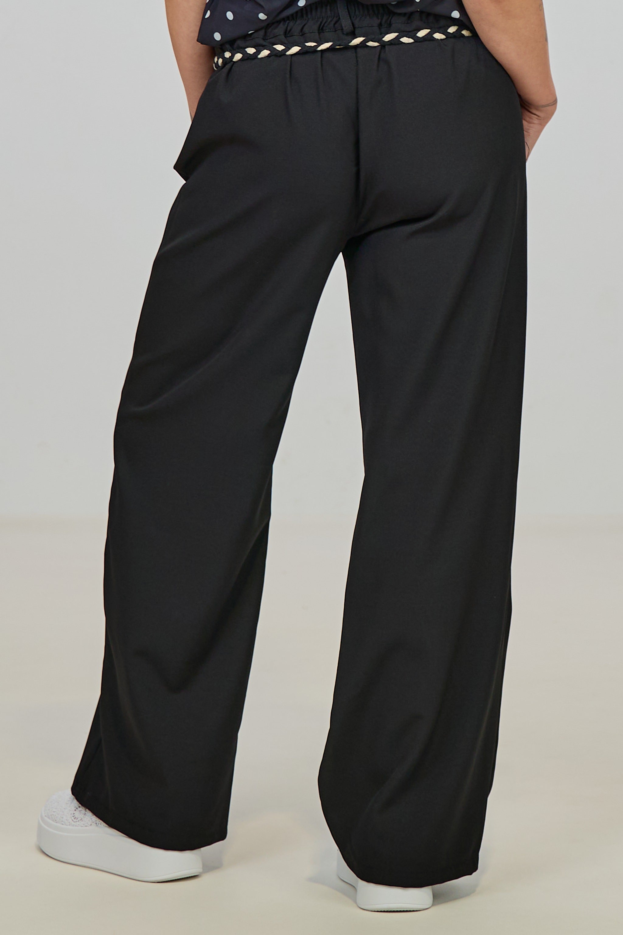 Fine pants with braided tie belt, black-cream