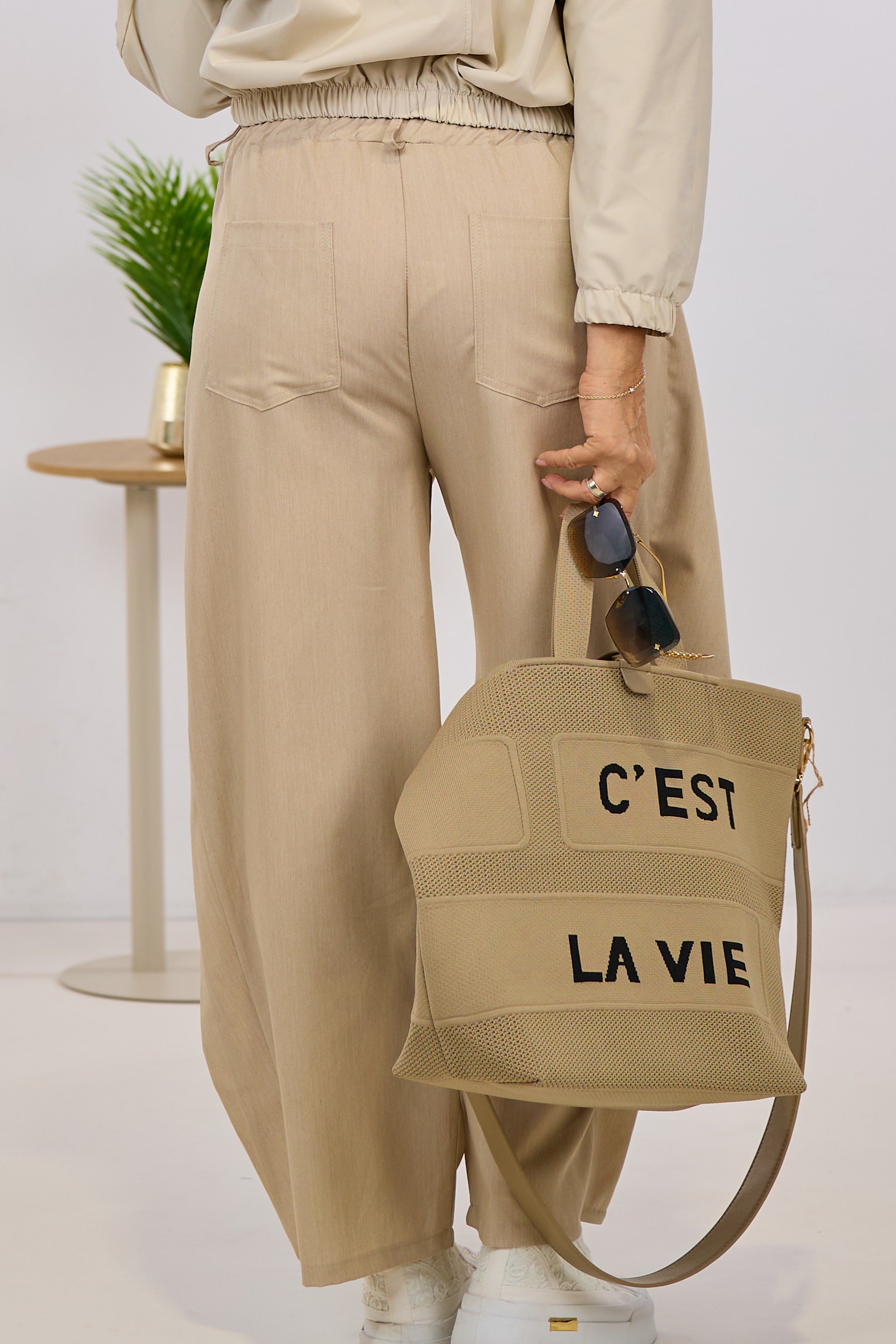 Fabric pants with turn-ups, beige