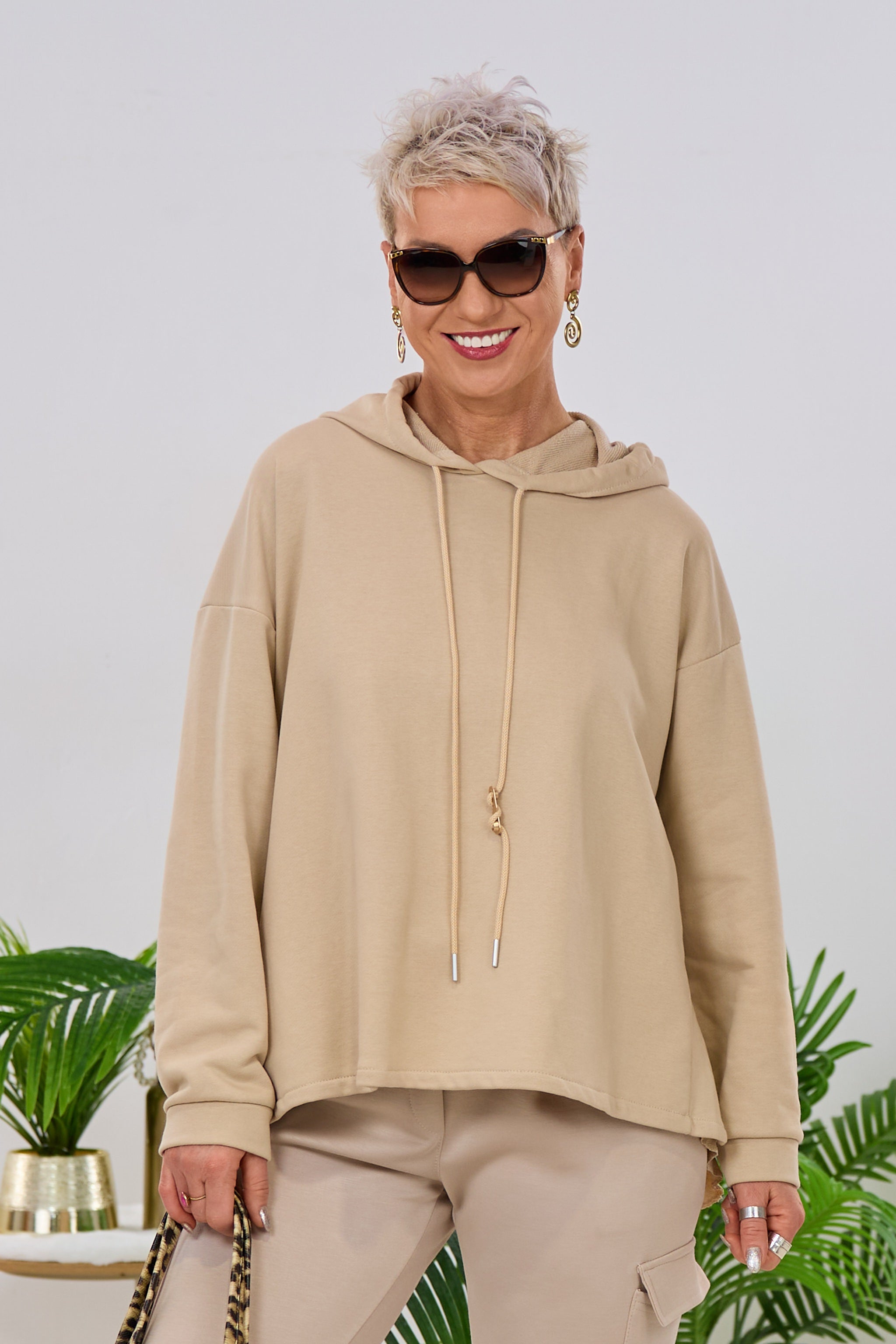 Hoodie mit Plissee-Einsatz, beige