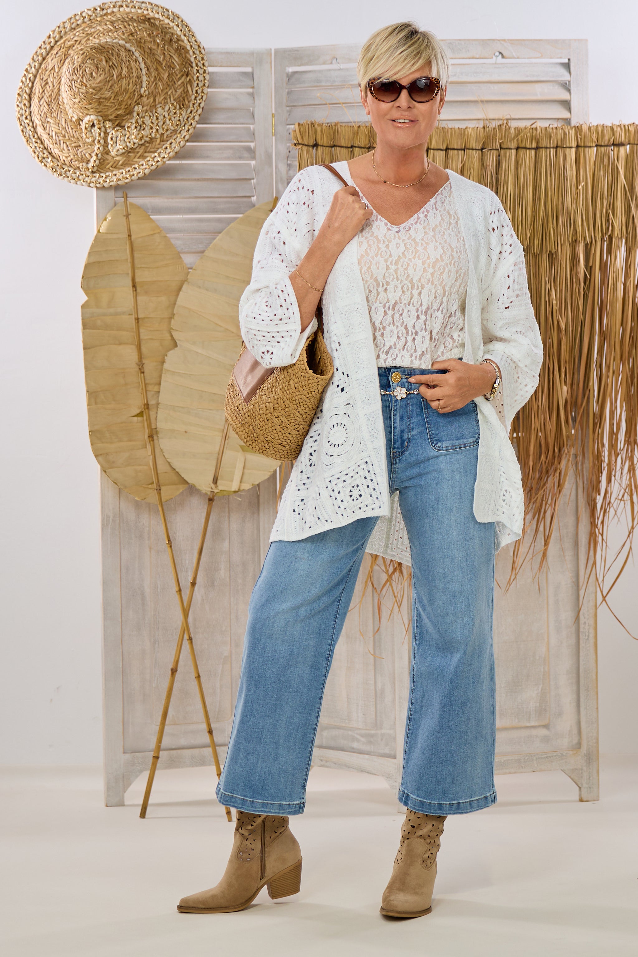 Kimono Jacke im Häkel-Look, weiß