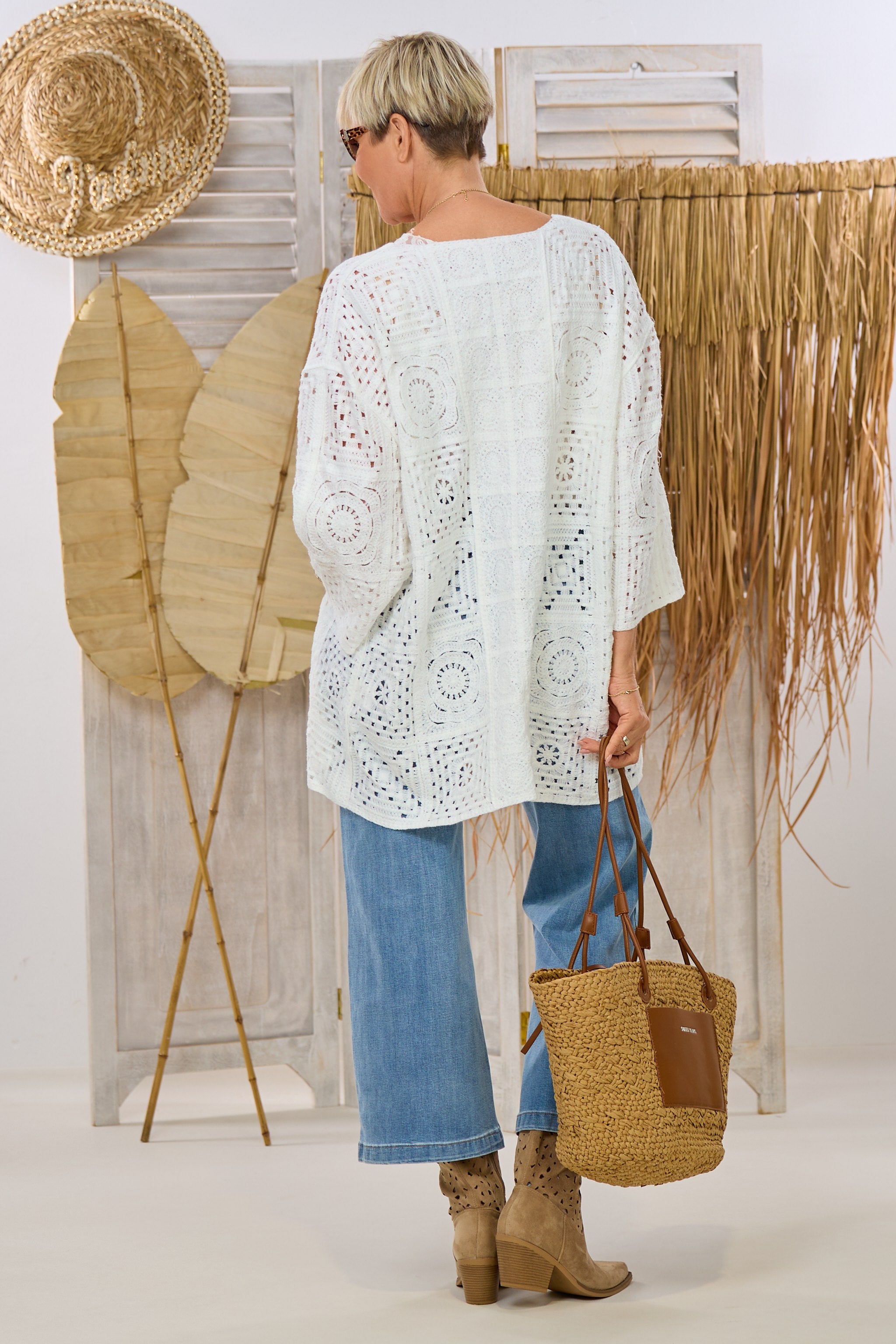 Kimono Jacke im Häkel-Look, weiß