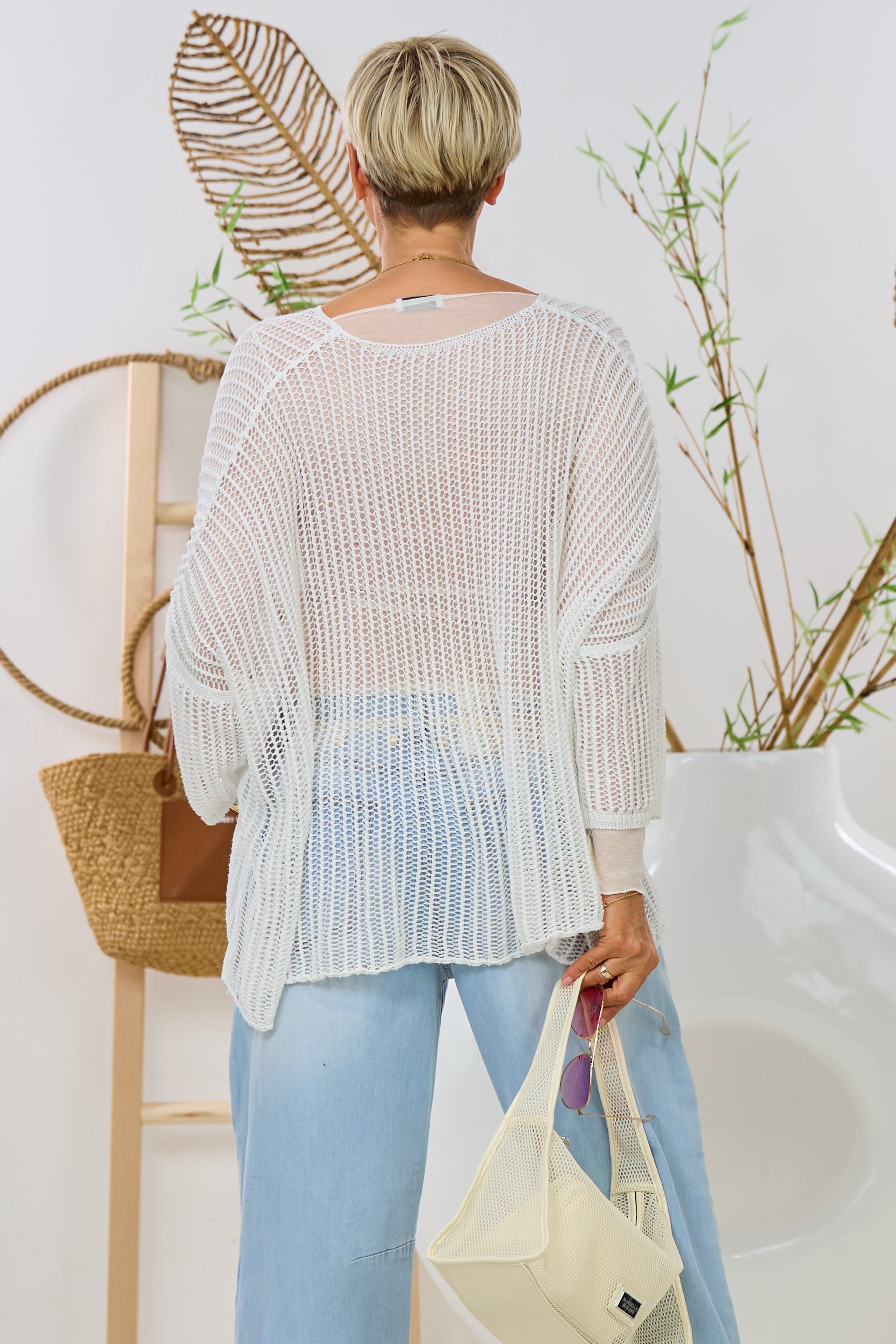 Strickpulli mit LOS ANGELES Flock, weiß-candy rosa