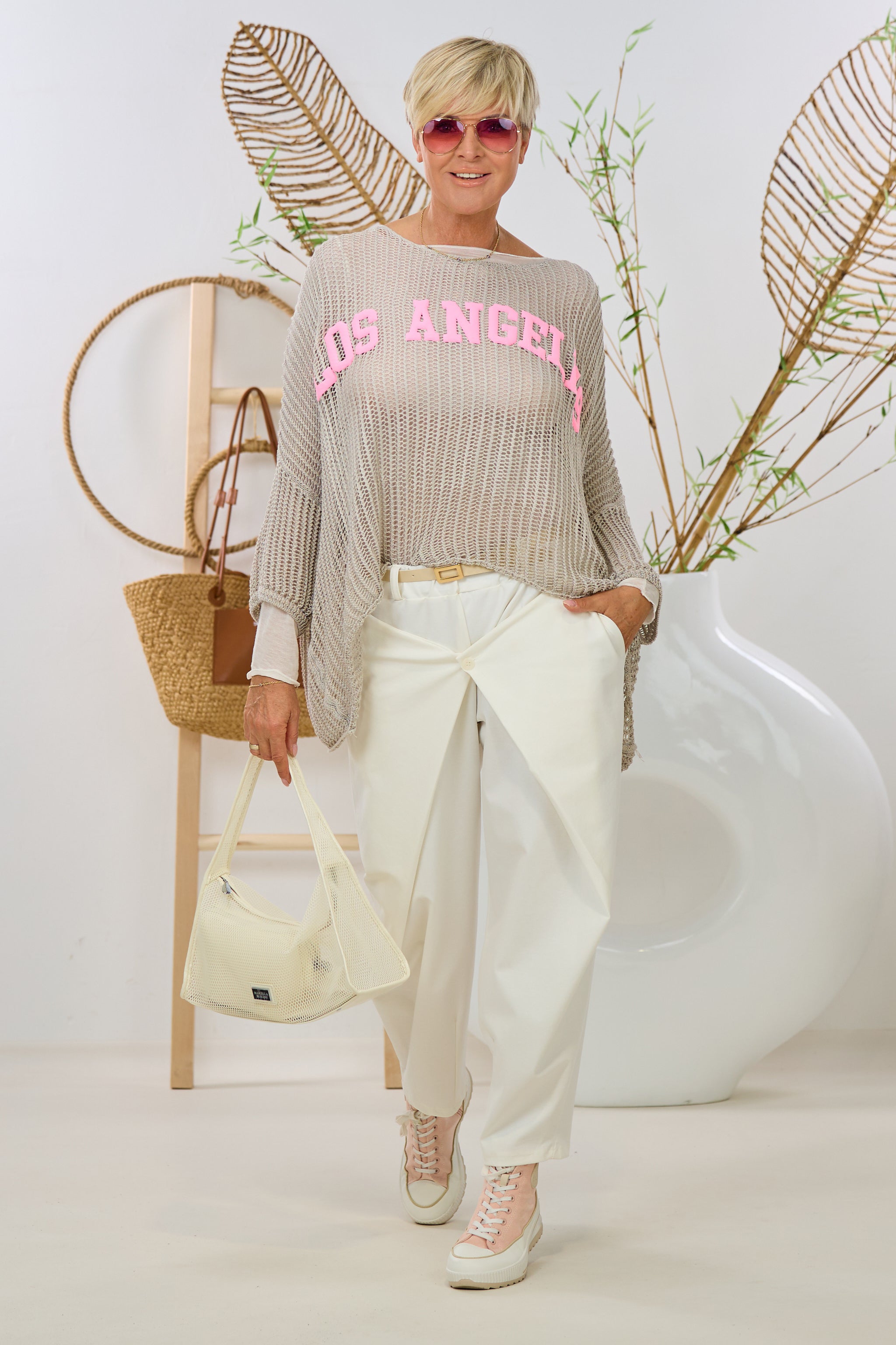 Strickpulli mit LOS ANGELES Flock, taupe-candy rosa