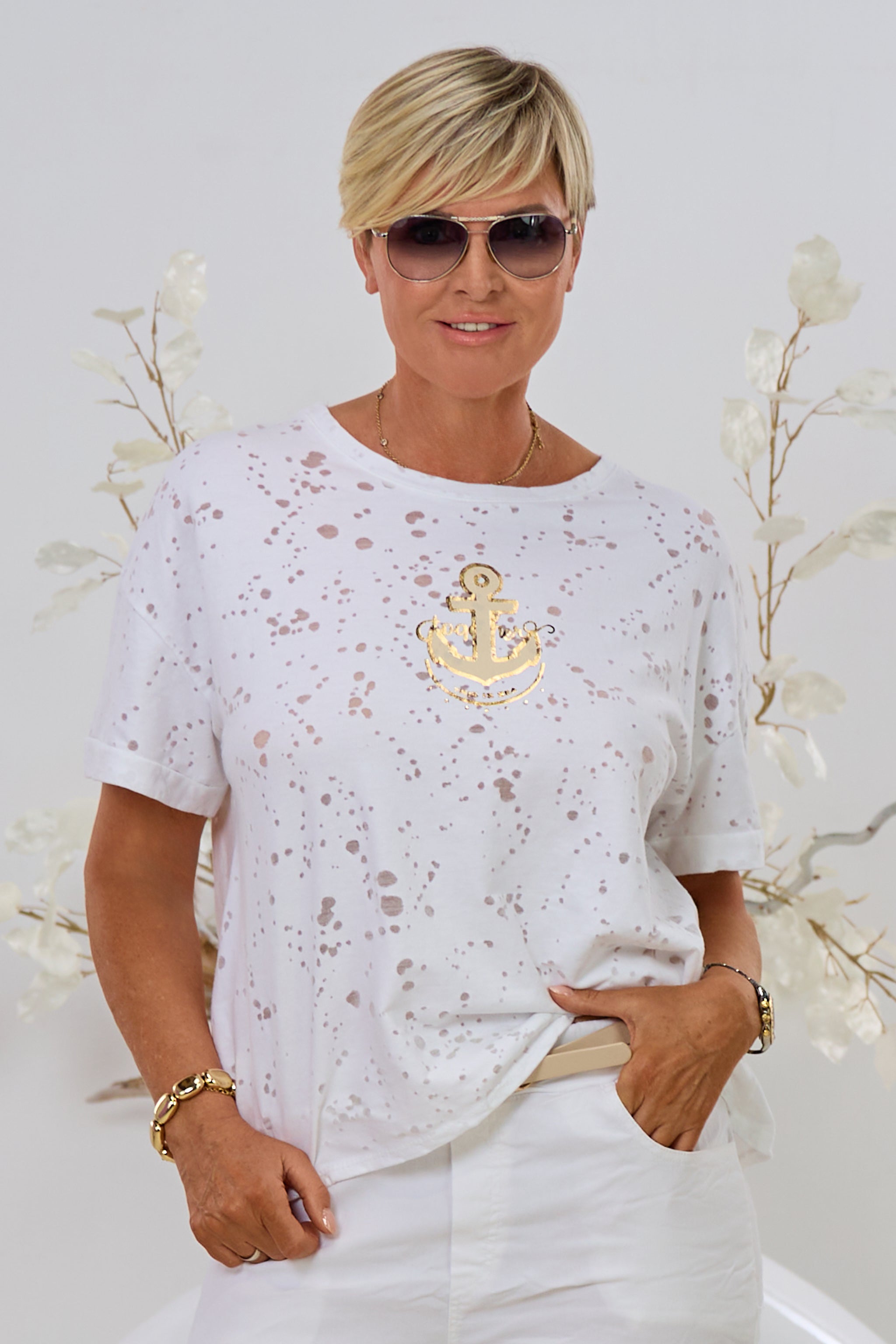 T-Shirt mit Ankermotiv, weiß/ecru