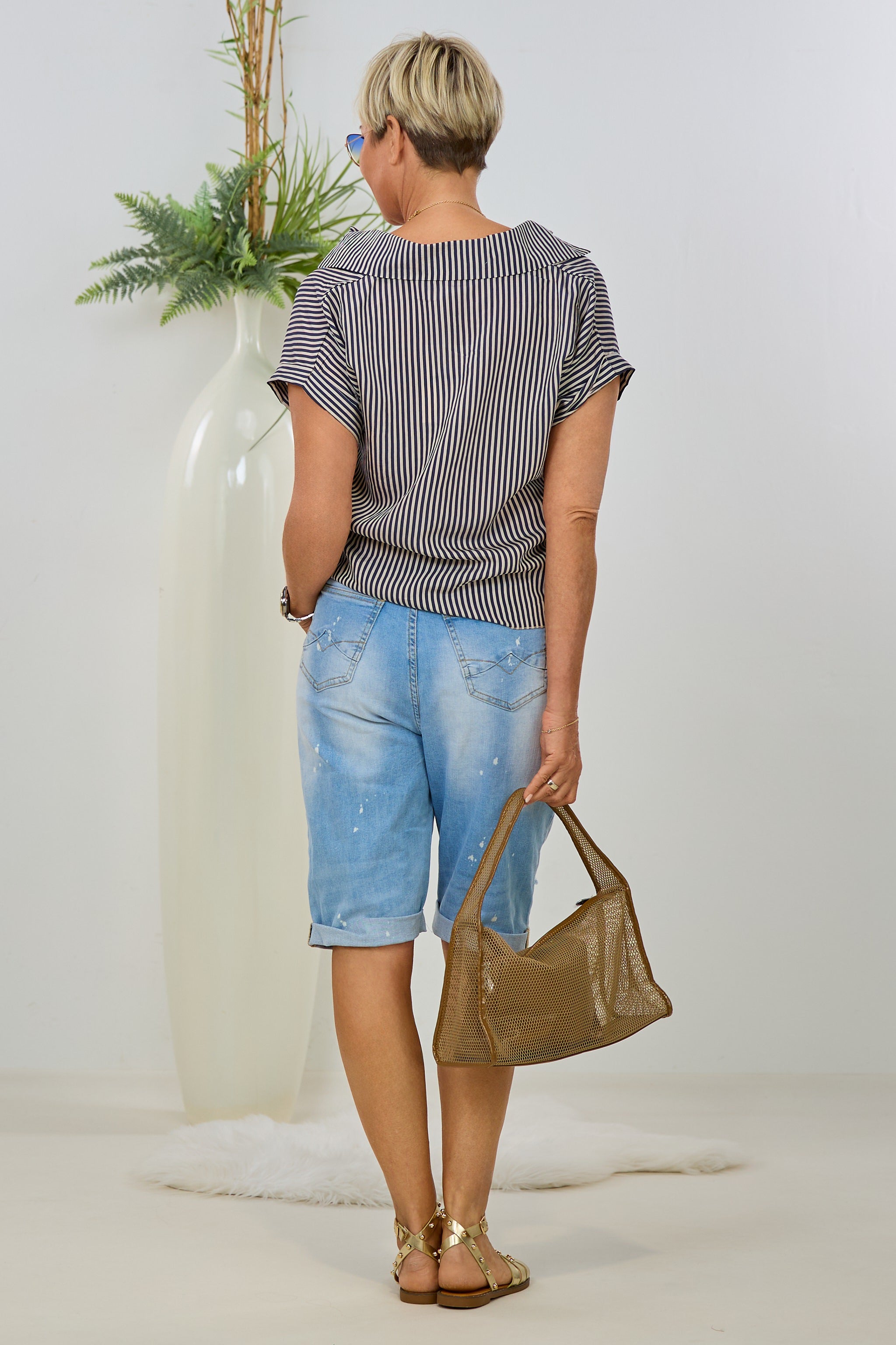 gestreifte kurzarm Bluse, blau-ecru