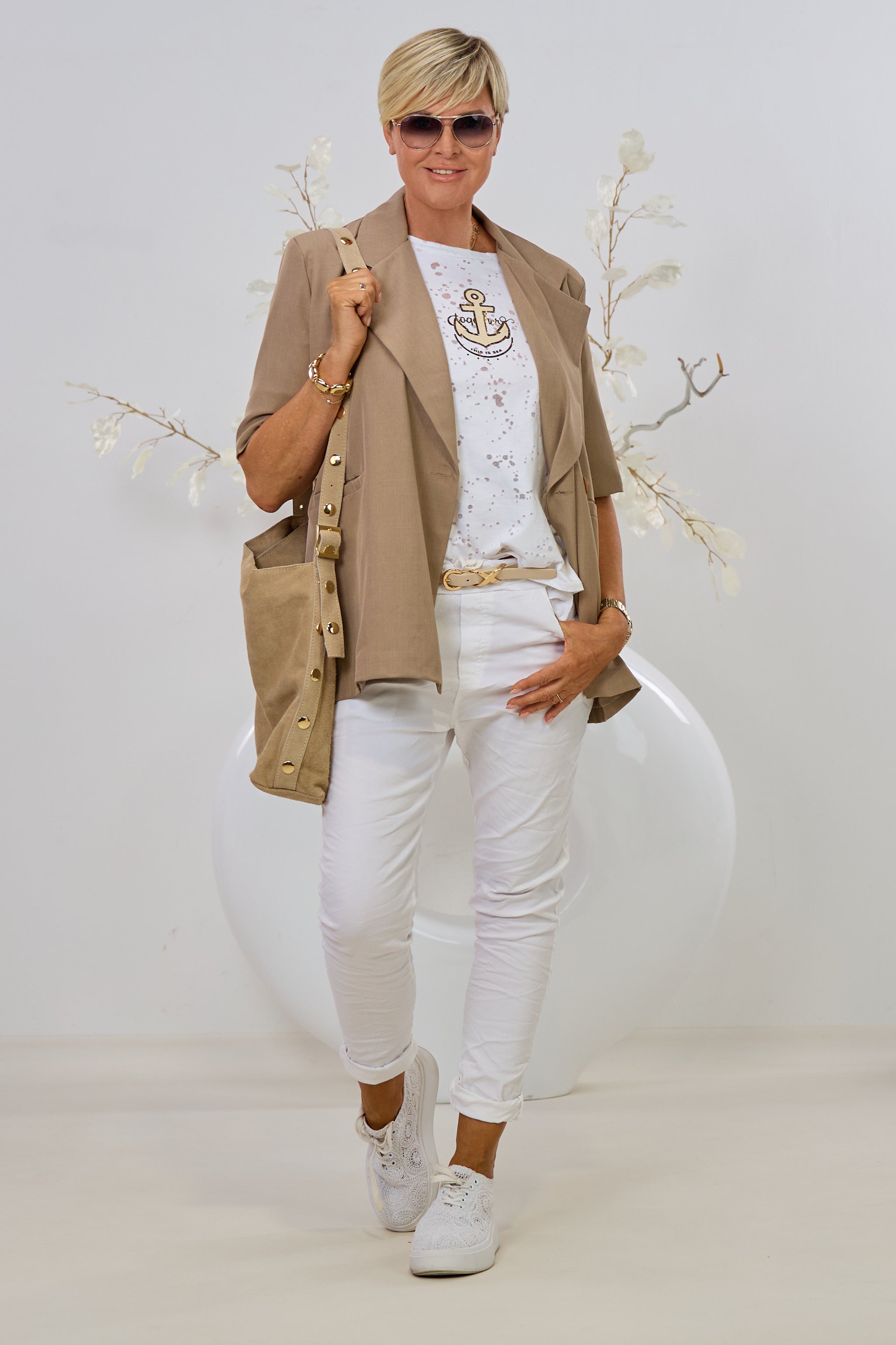 Langer Kurzarm-Blazer mit breitem Revers, taupe