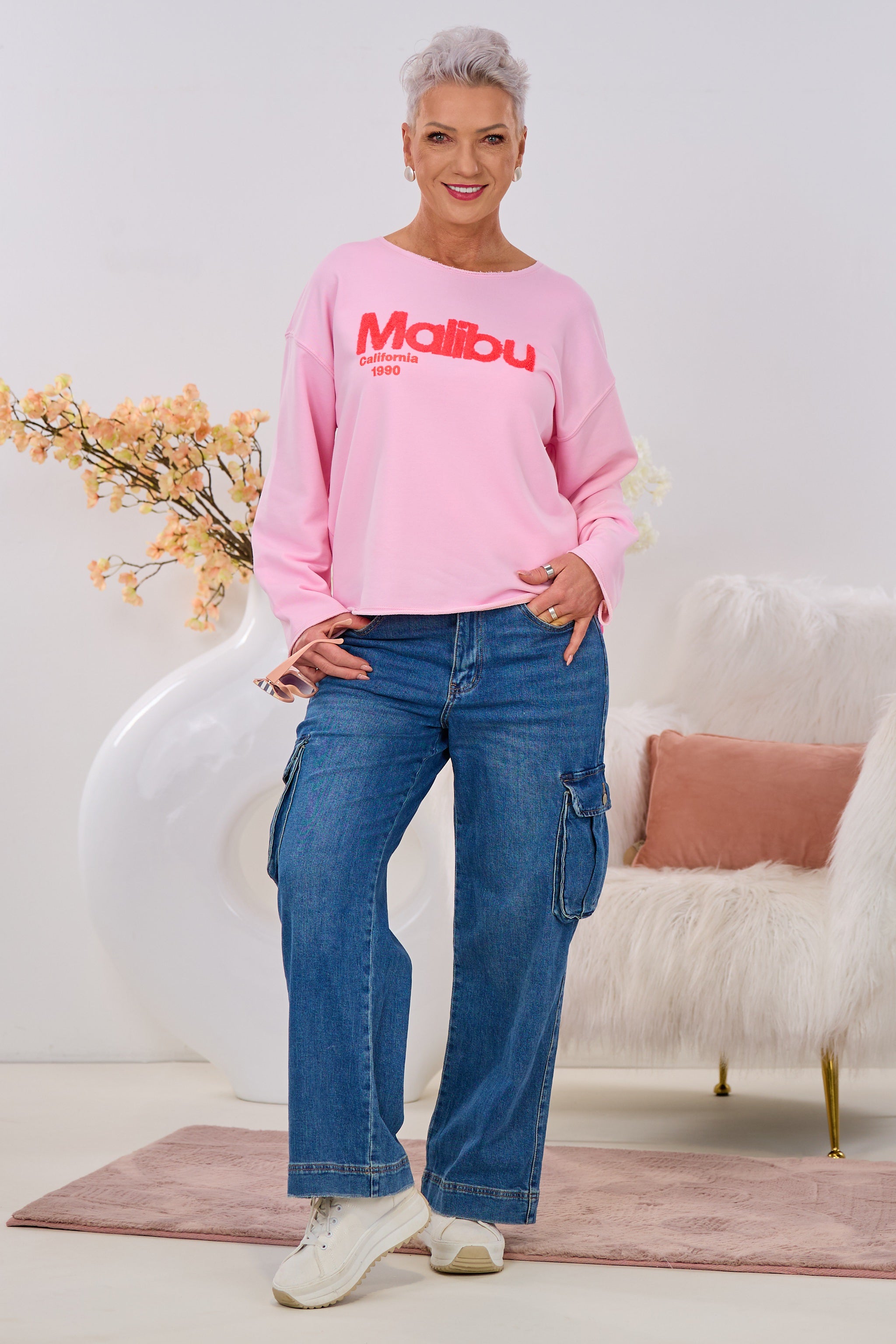 Highwaist Jeans mit Cargo Taschen, denim