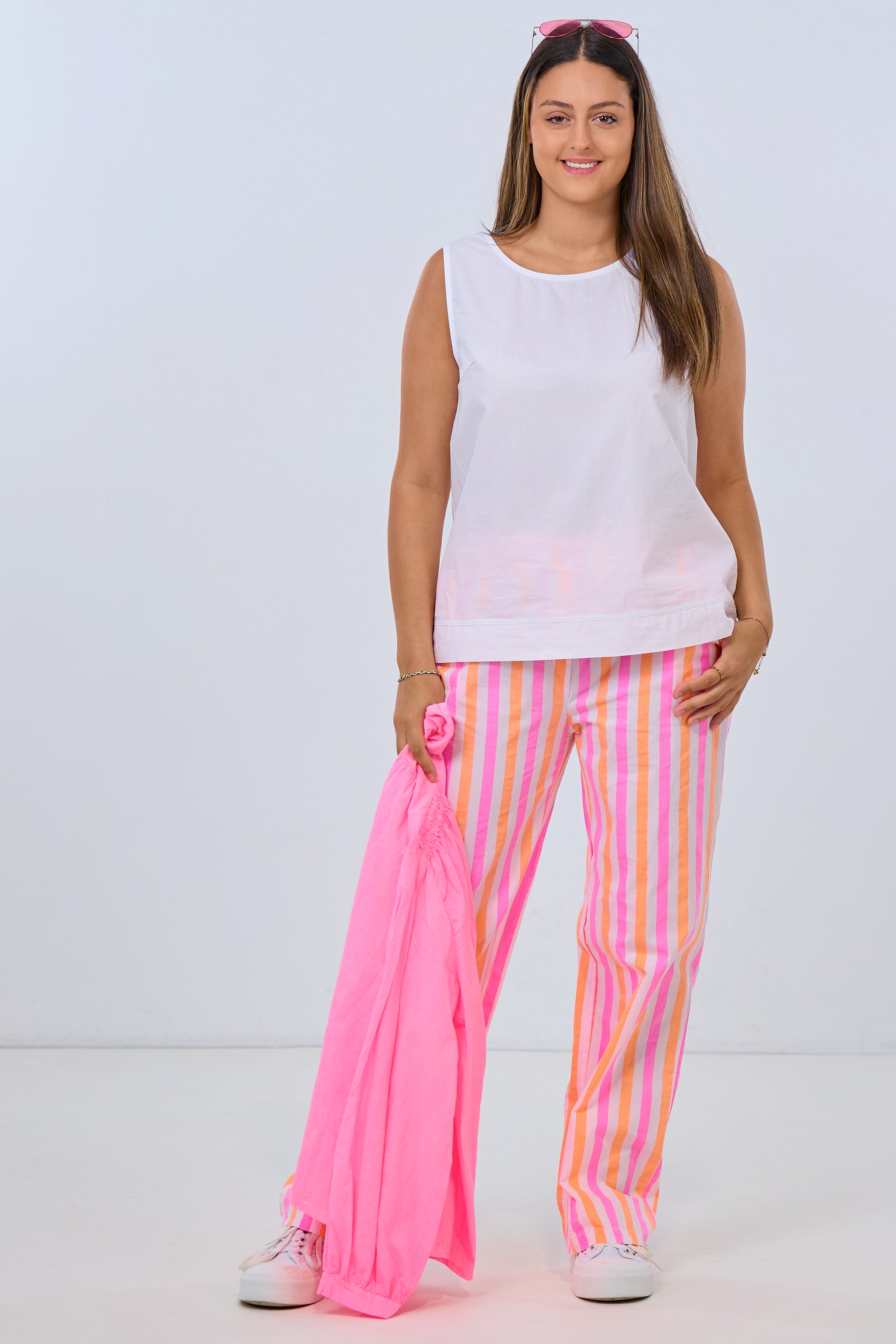 striped pants, ecru-pink-orange
