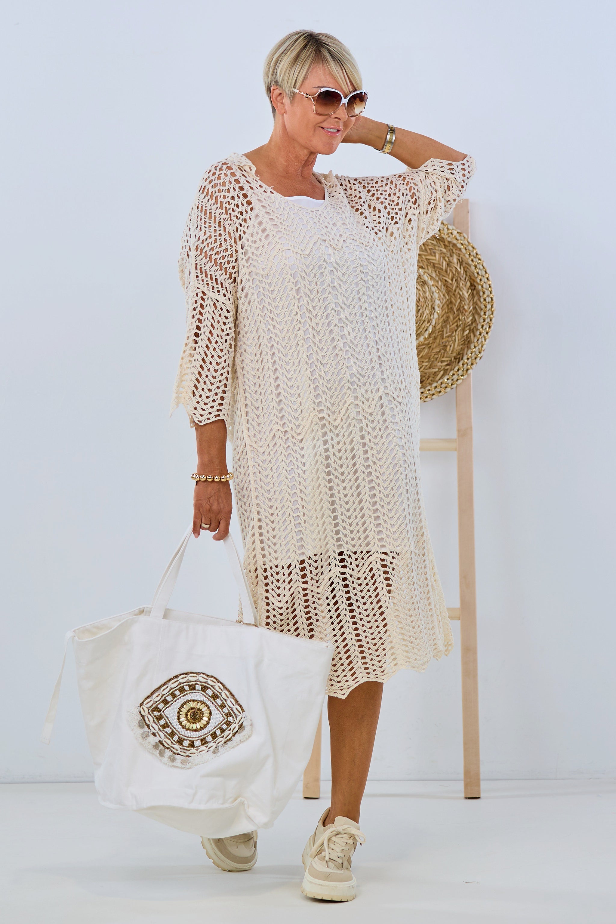 Long dress in crochet look, beige