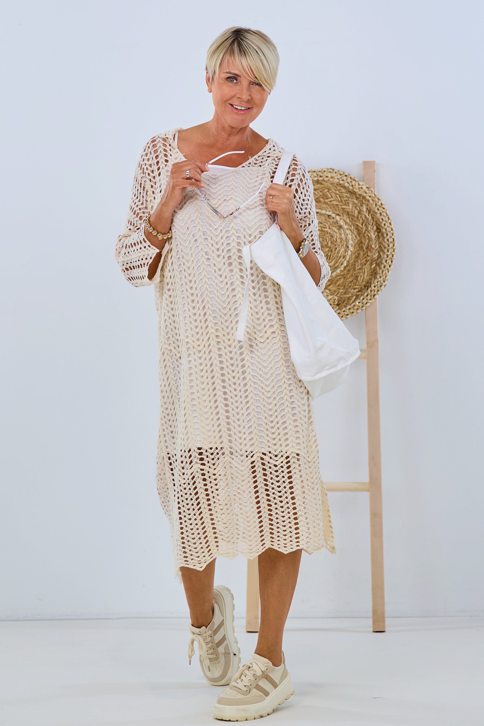 Long dress in crochet look, beige