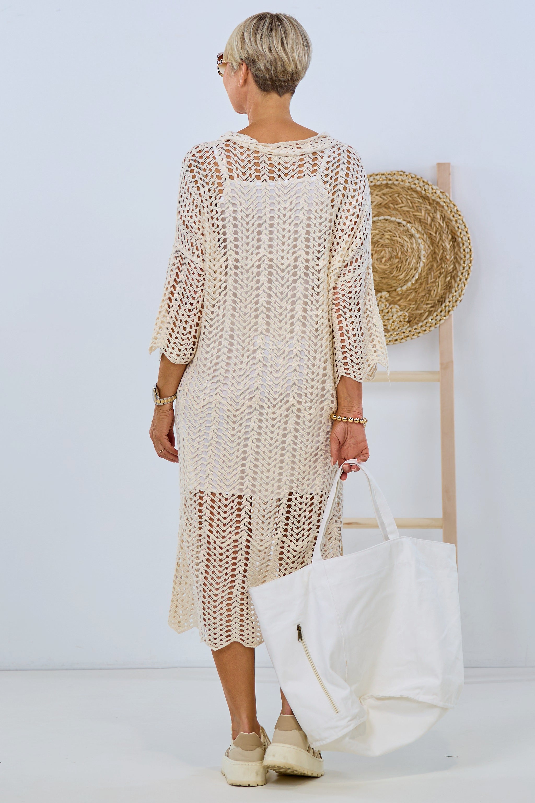 Long dress in crochet look, beige