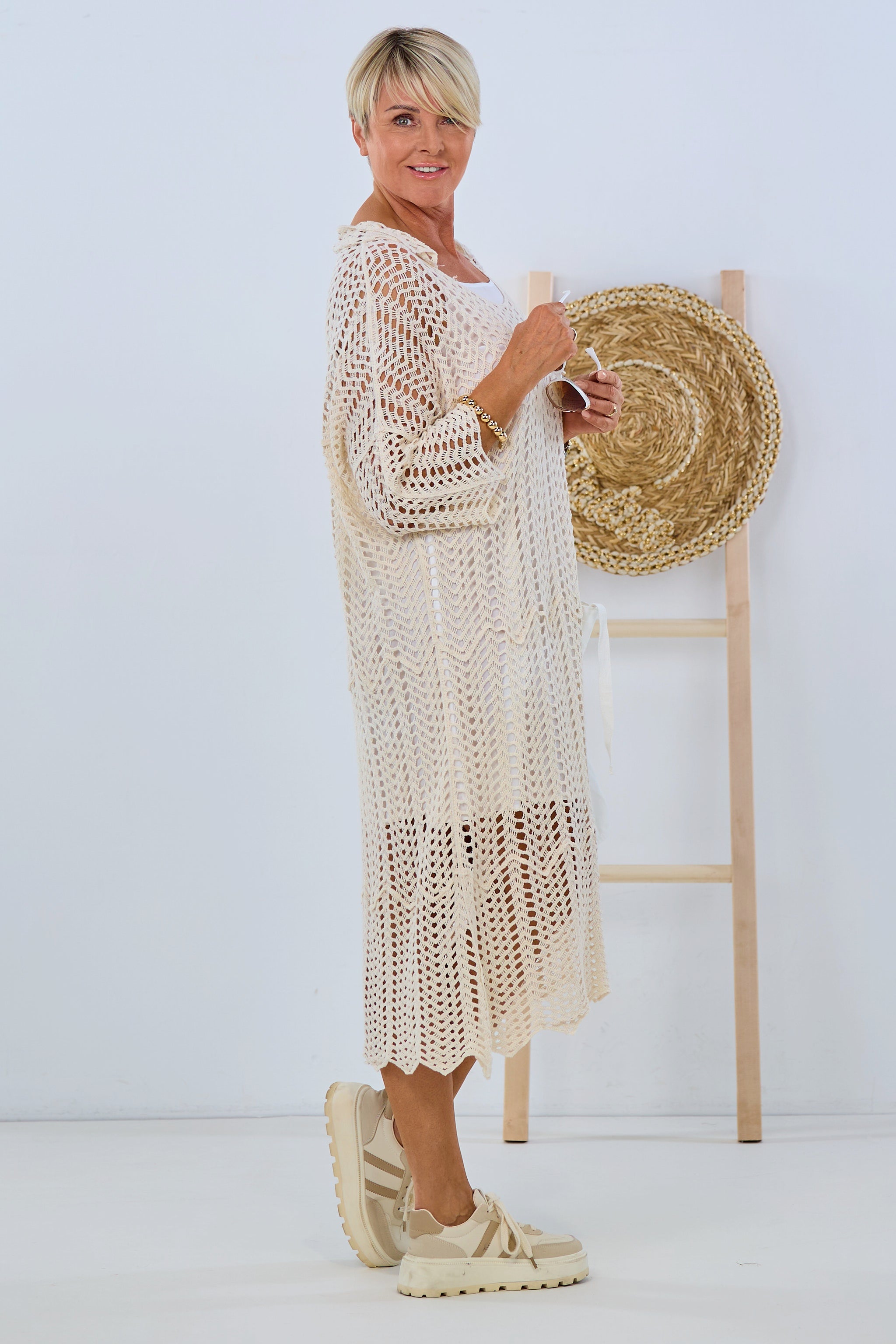 Long dress in crochet look, beige