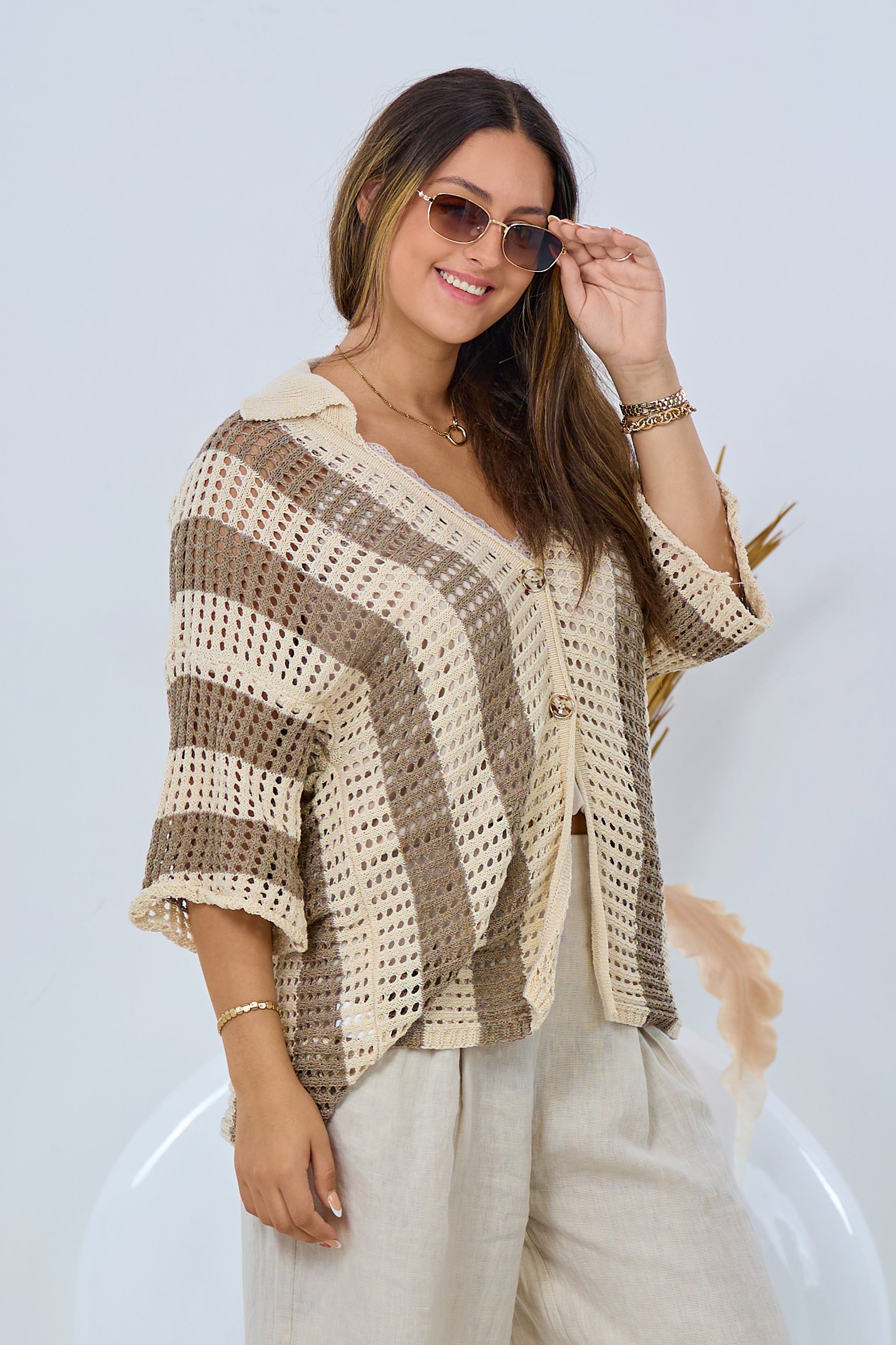 Kurzarm Cardigan mit Längsstreifen, taupe-beige