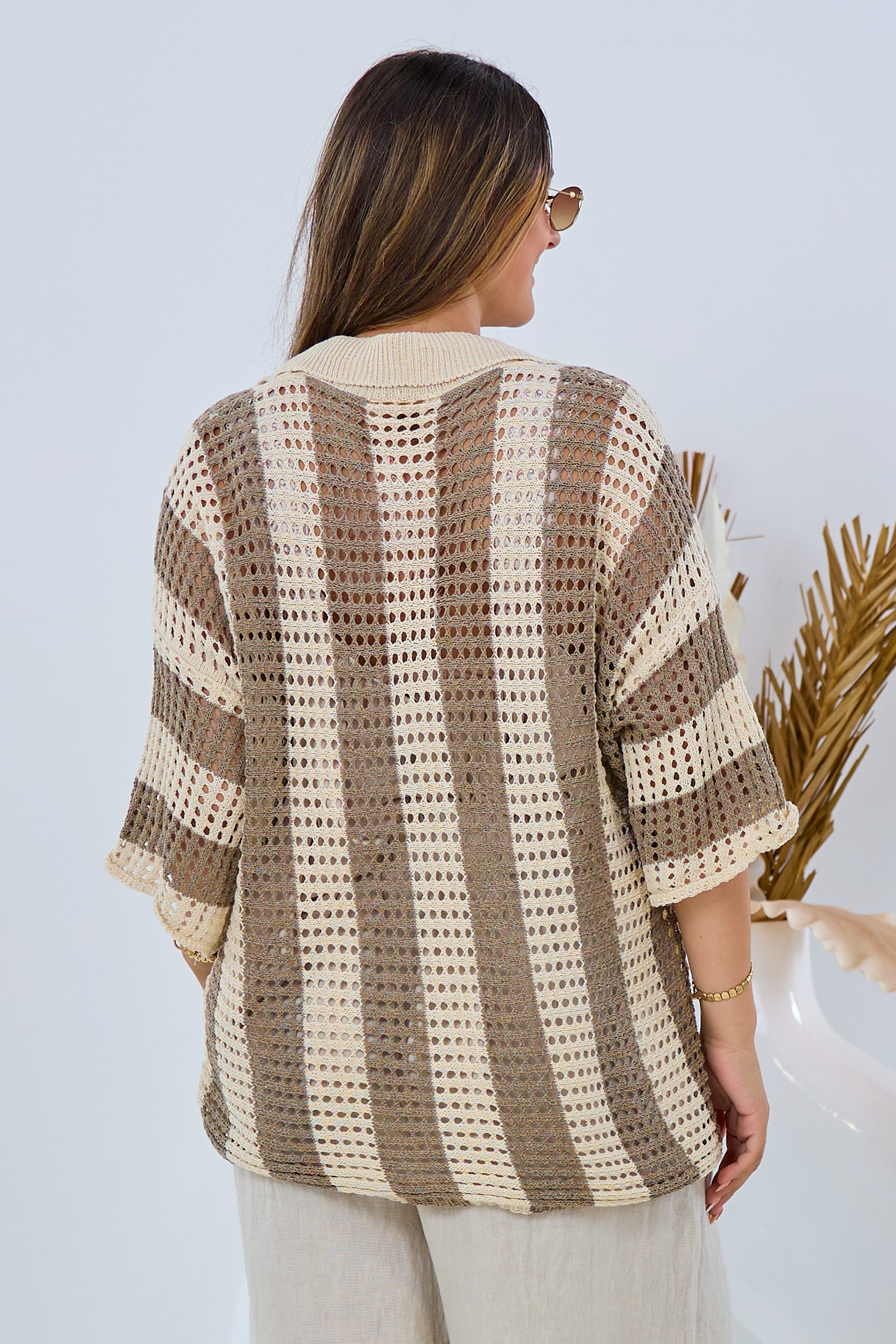 Kurzarm Cardigan mit Längsstreifen, taupe-beige