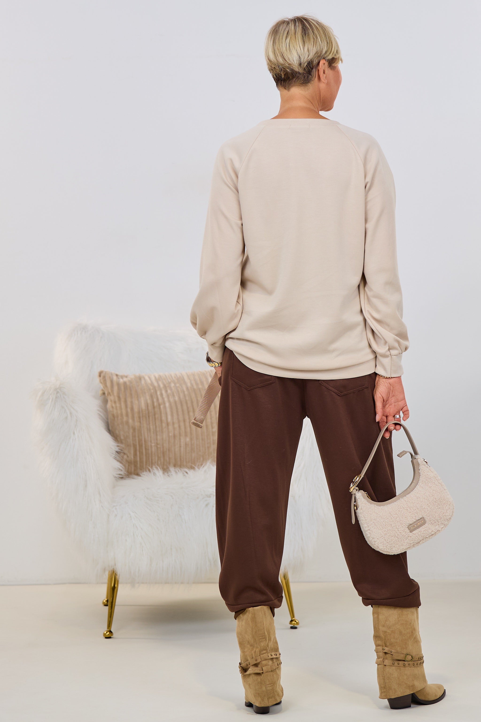 Langarm Shirt mit Glitzermotiv, beige