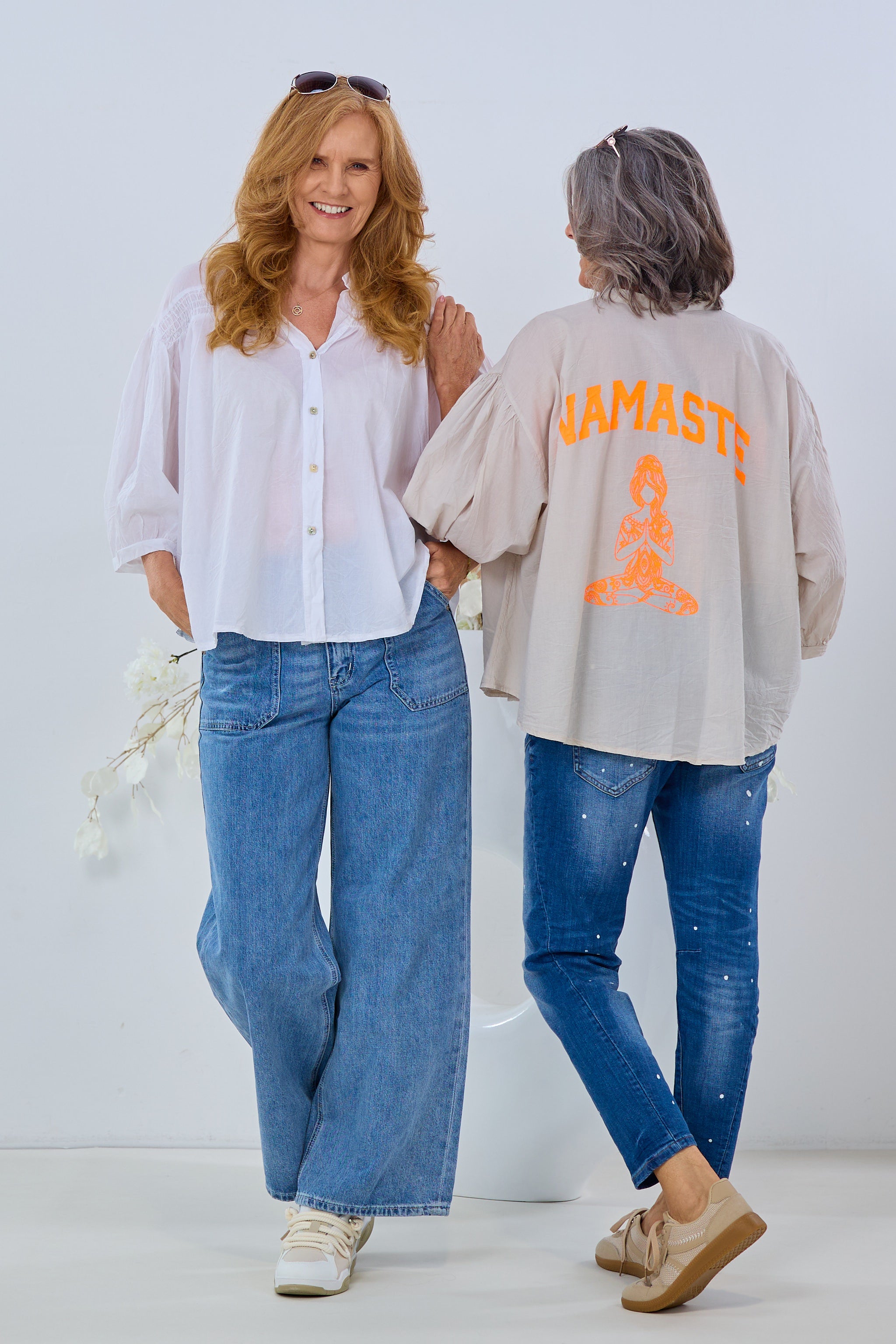 airy blouse with Namaste print, white-neon pink