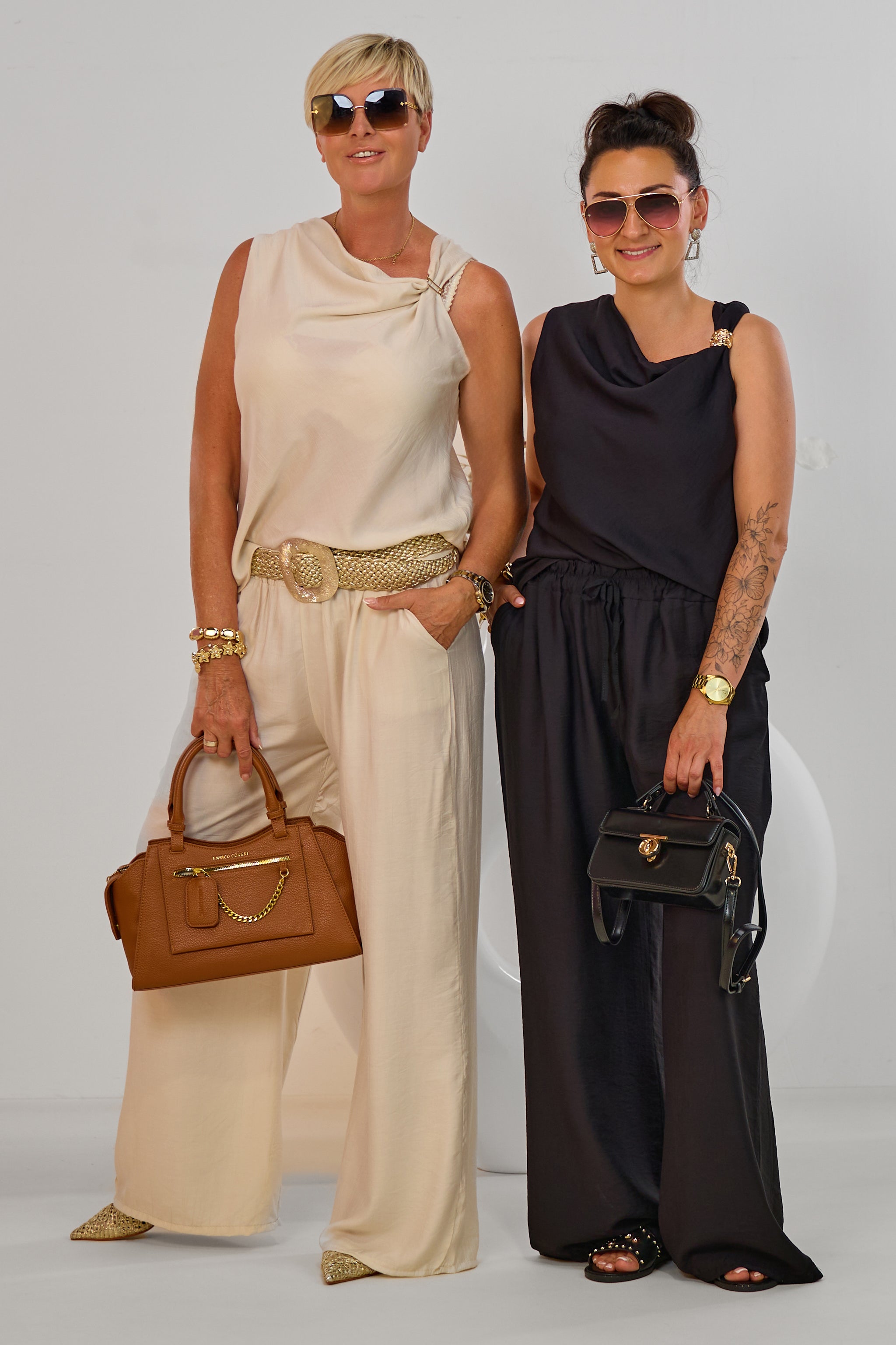 gecrinkeltes 2-tlg. Set aus Top und Hose, beige