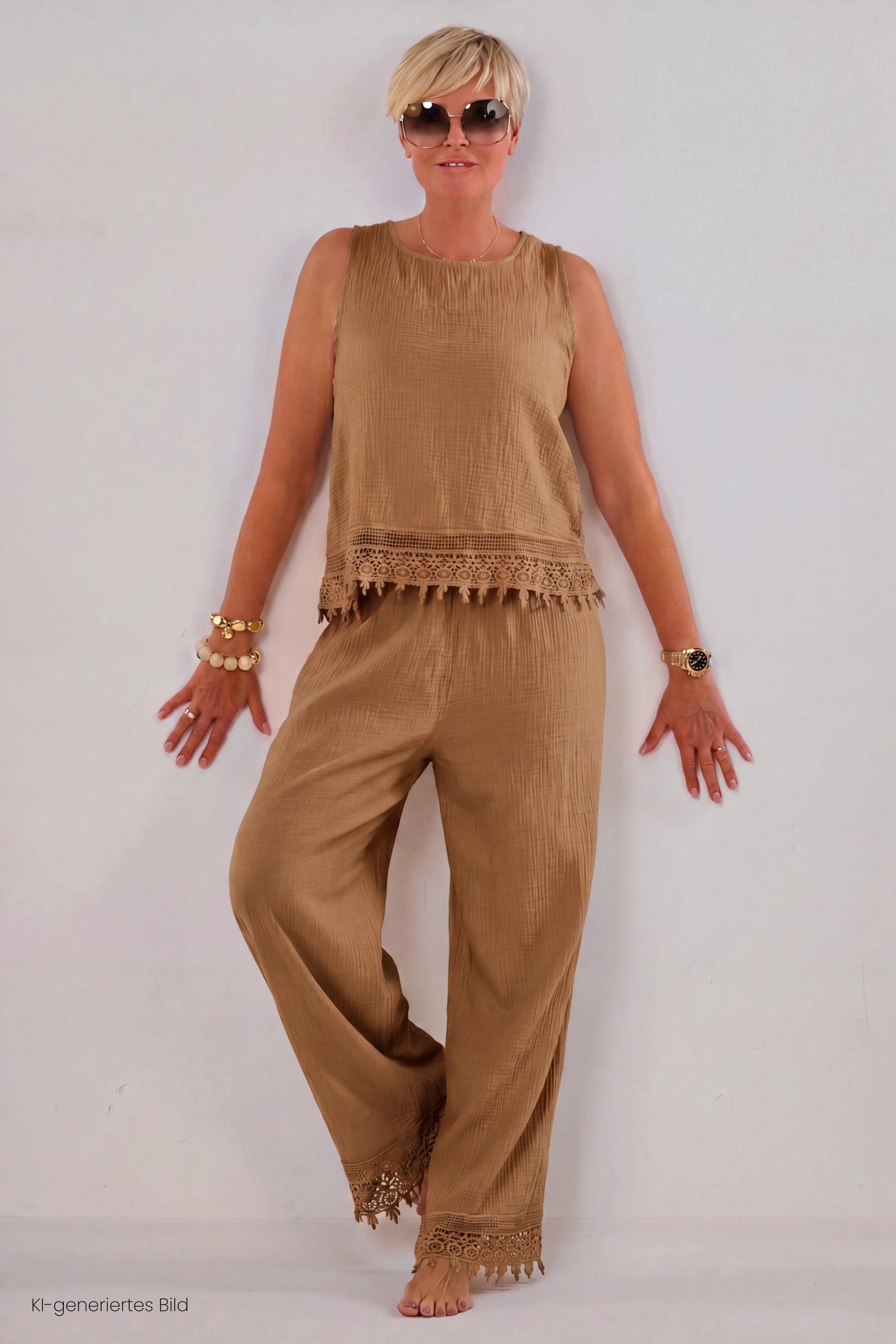 2-tlg. Musselin-Set aus Bluse und Hose, camel