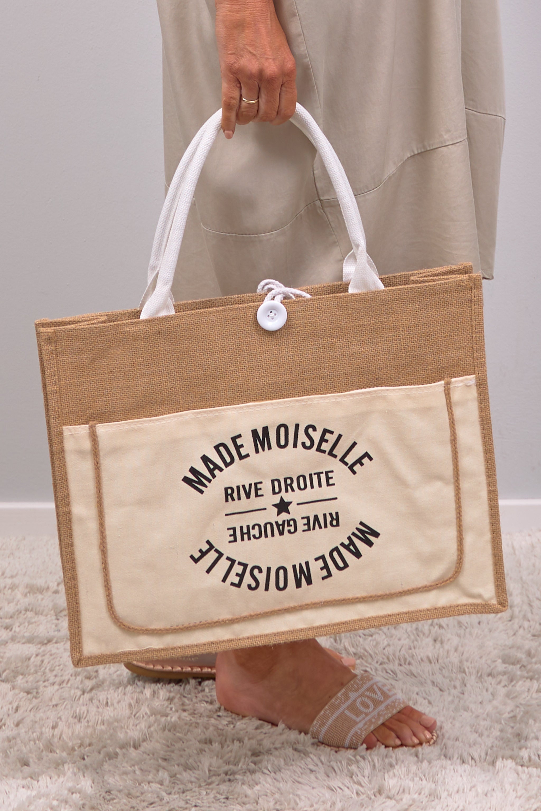 Linen bag with print, natural beige