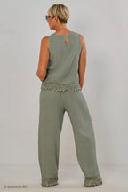 2-tlg. Musselin-Set aus Bluse und Hose, khaki