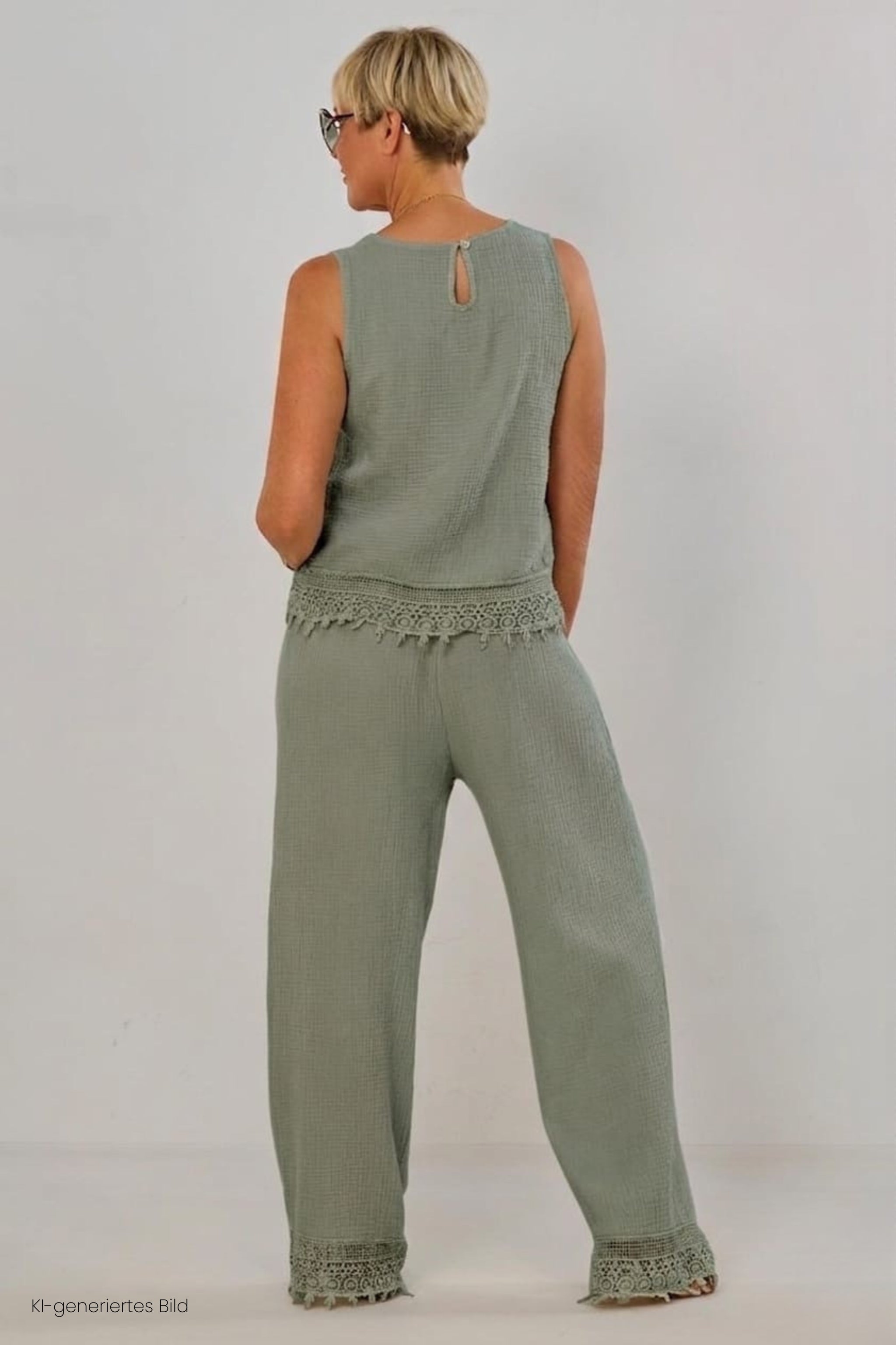 2-tlg. Musselin-Set aus Bluse und Hose, khaki