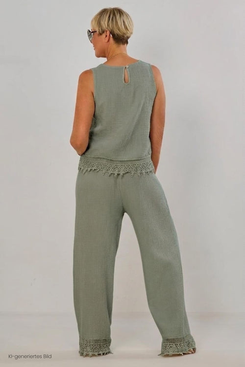 2-tlg. Musselin-Set aus Bluse und Hose, khaki