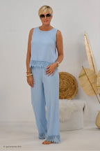 2-tlg. Musselin-Set aus Bluse und Hose, hellblau