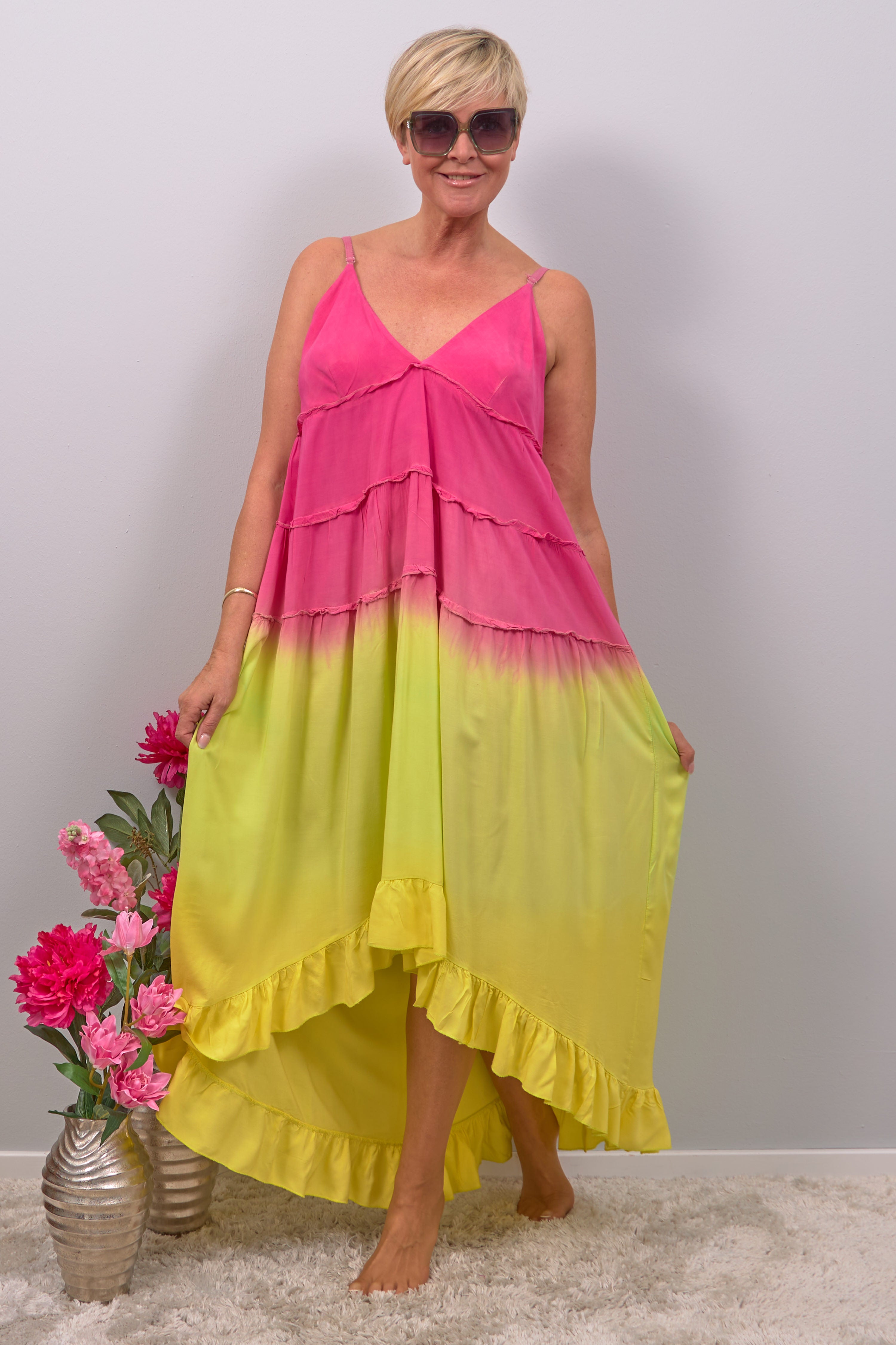 Langes Kleid mit Farbverlauf, pink-gelb