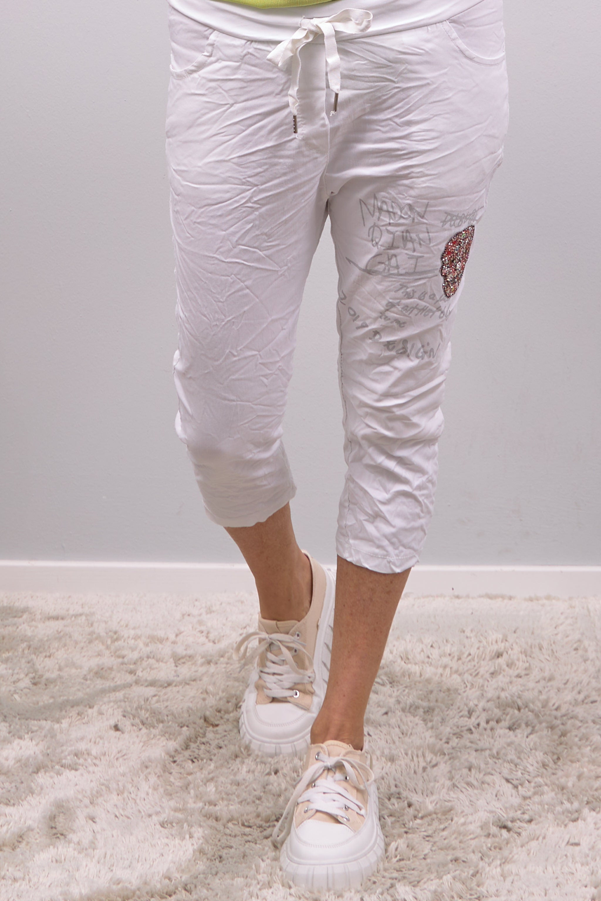 Capri pants with rhinestones, white