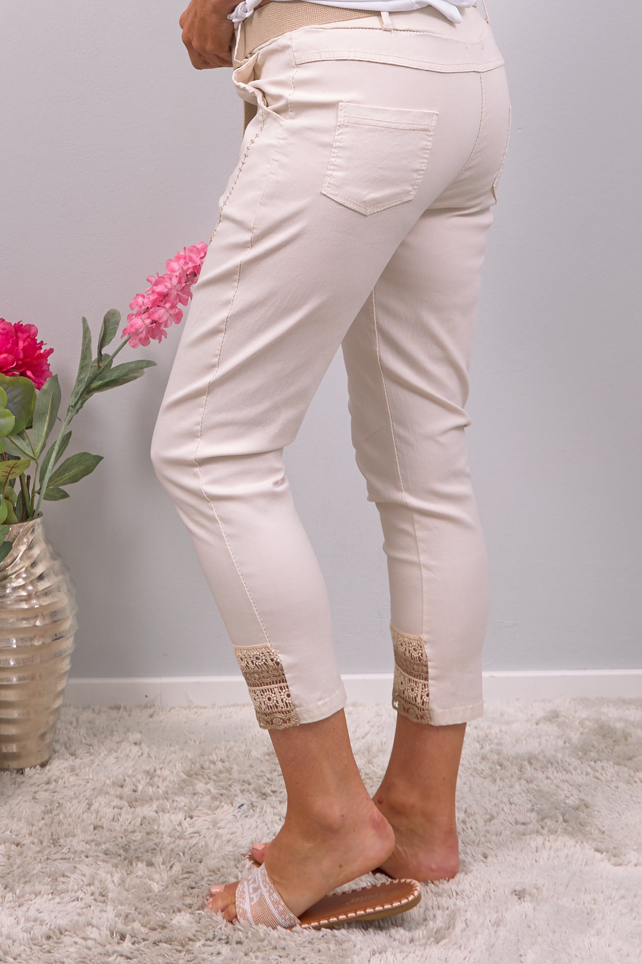 Pants with belt and embellishments, beige