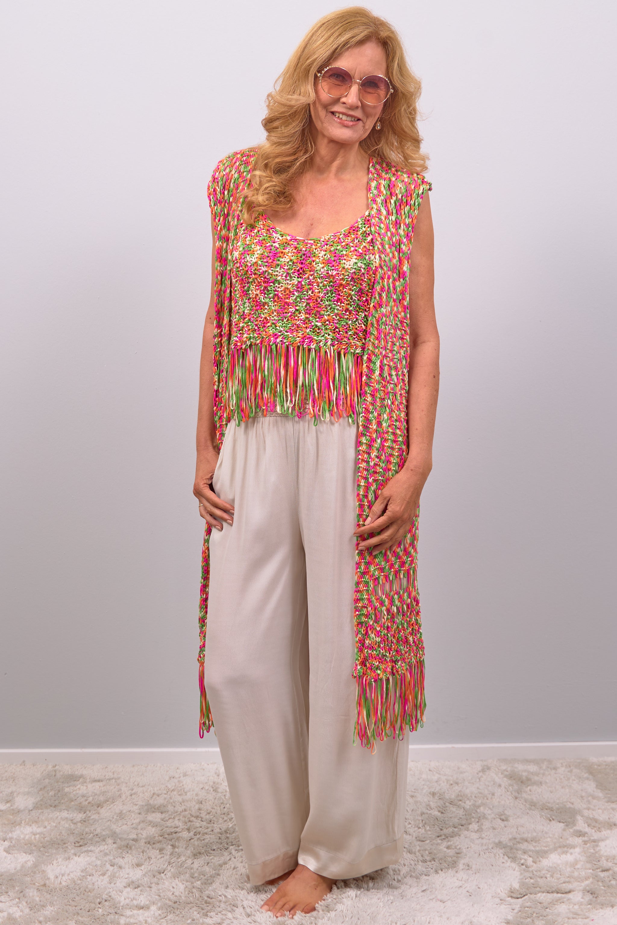 Long waistcoat with fringes, pink-multicolored