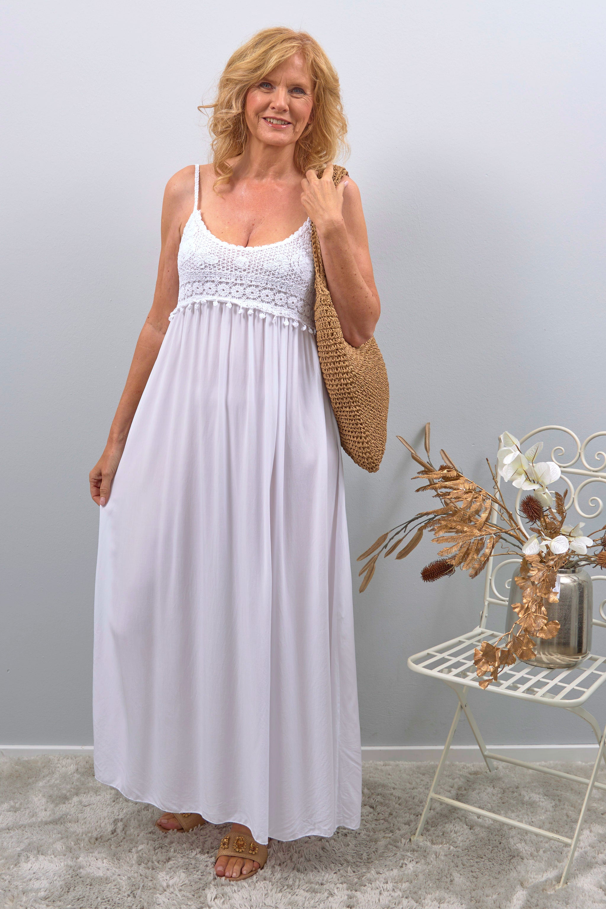 Dress with crochet top, white